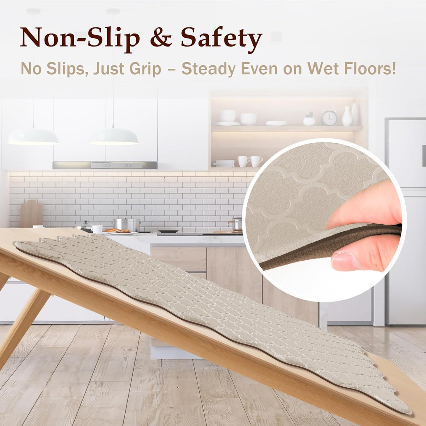 Arenarug Upgrade Scalloped Embossed Kitchen Mats for Floor 2PCS Cushioned Anti Fatigue Waterproof Foam Kitchen Rugs Non Slip Washable Comfort Standing Mat for Sink Laundry,17.3"x30"+17.3"x47",Khaki