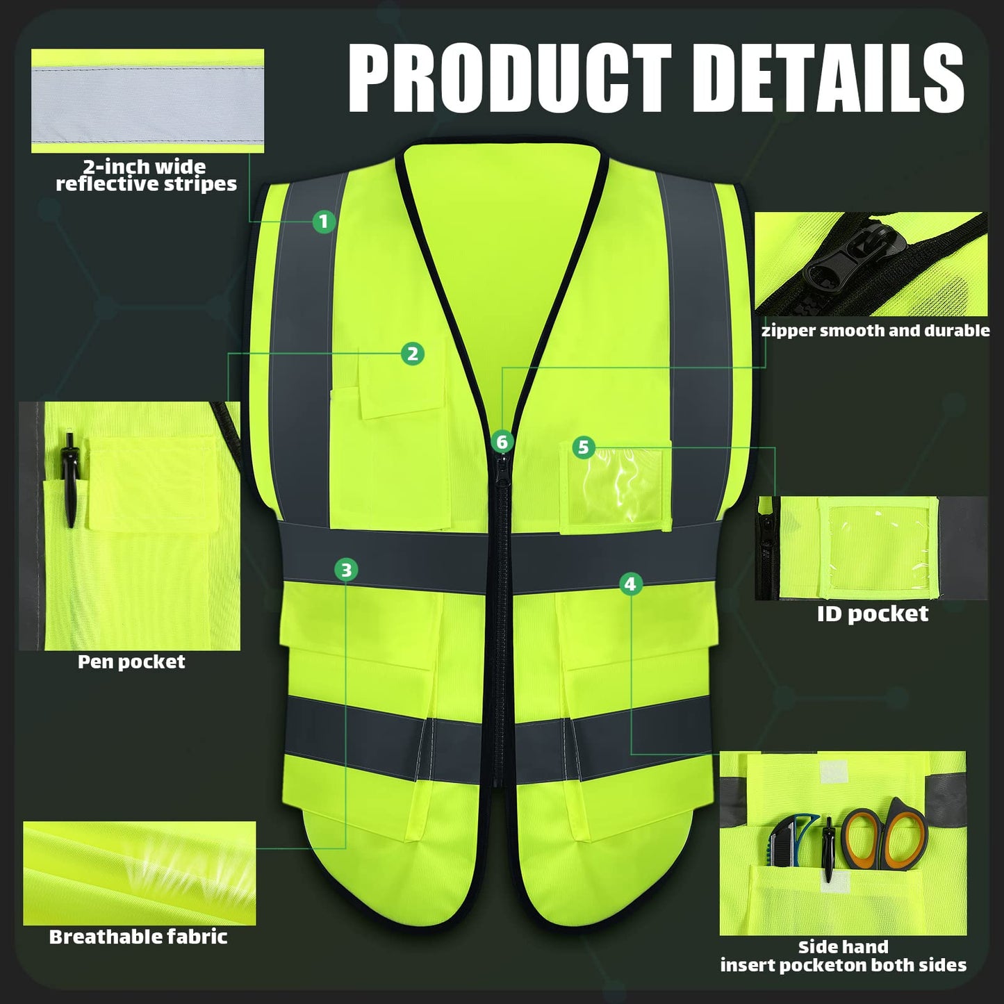 10 Pcs Reflective Safety Vest with Pockets and Zipper High Visibility Vest for Women Men Work, Construction, Cycling(L)