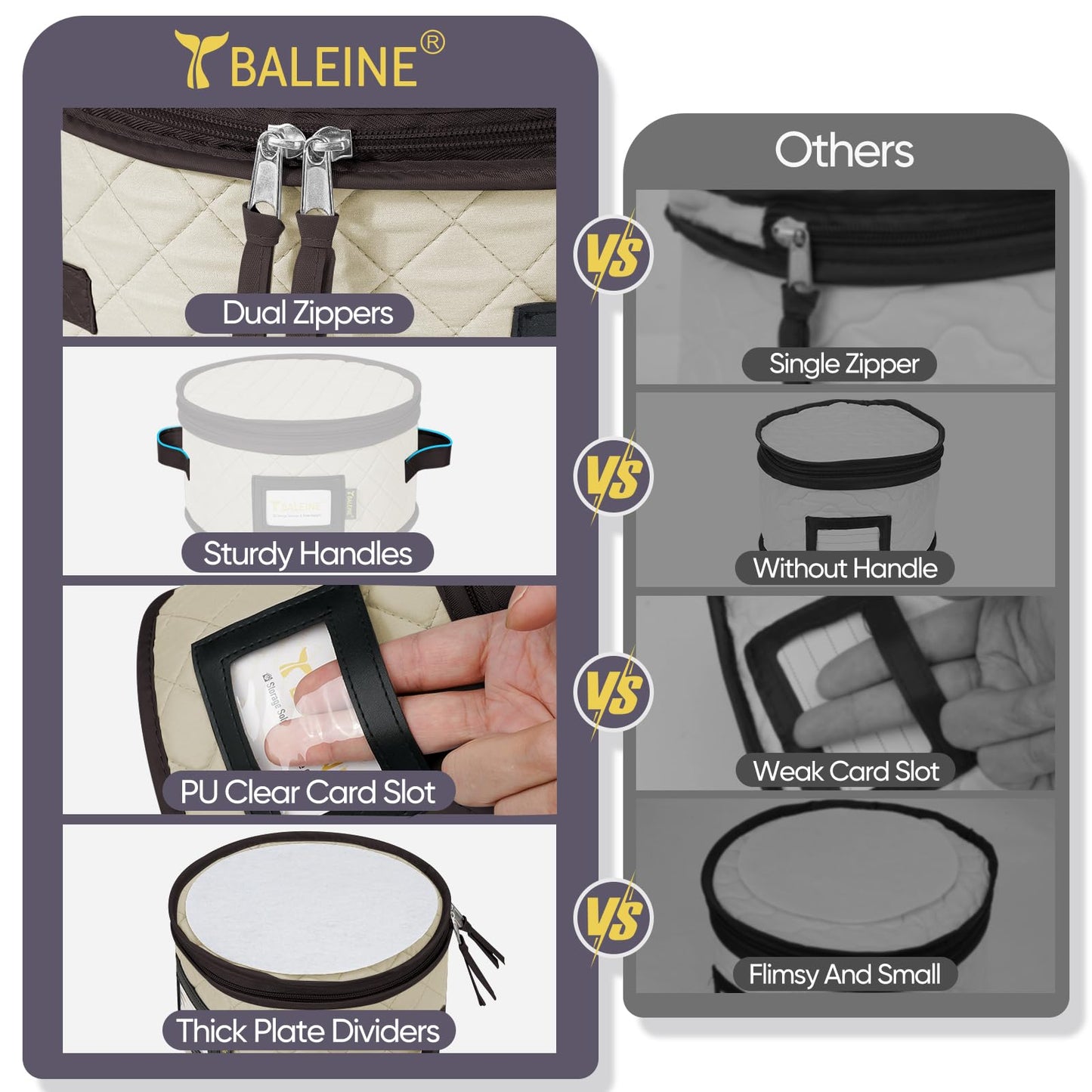 BALEINE China Storage Containers, Sturdy Quilted Wine Glass Storage, Plate Organizer with Carry Handles, Moving Boxes for Dishes, Cups, Mugs and Stemware (Plate Mug Combo, Soft Shell Cream)