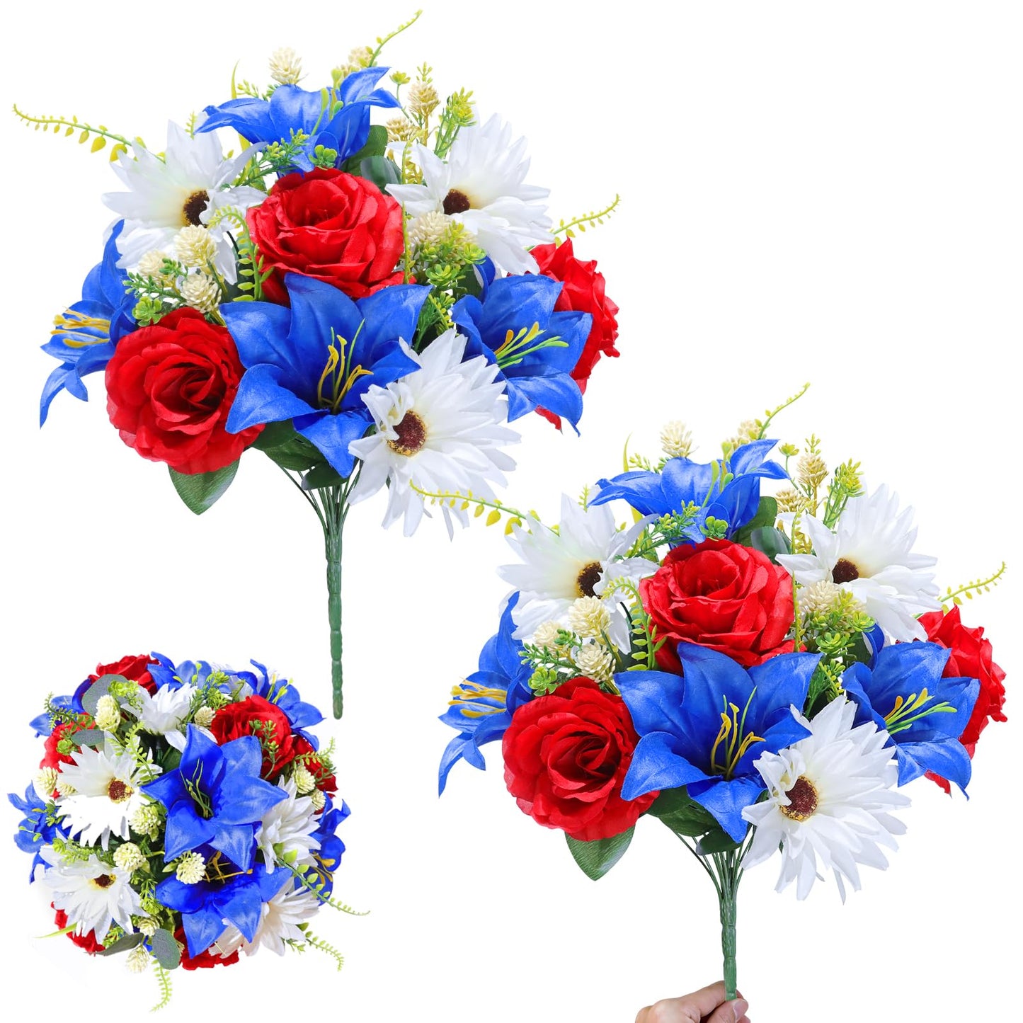Large 20 Heads Artificial Red White and Blue Flowers Outdoor UV Resistant 2 Bouquets Patriotic Flowers Roses Sunflowers Lilies for 4th of July Decor Veterans Indoor Home USA 250th Anniversary