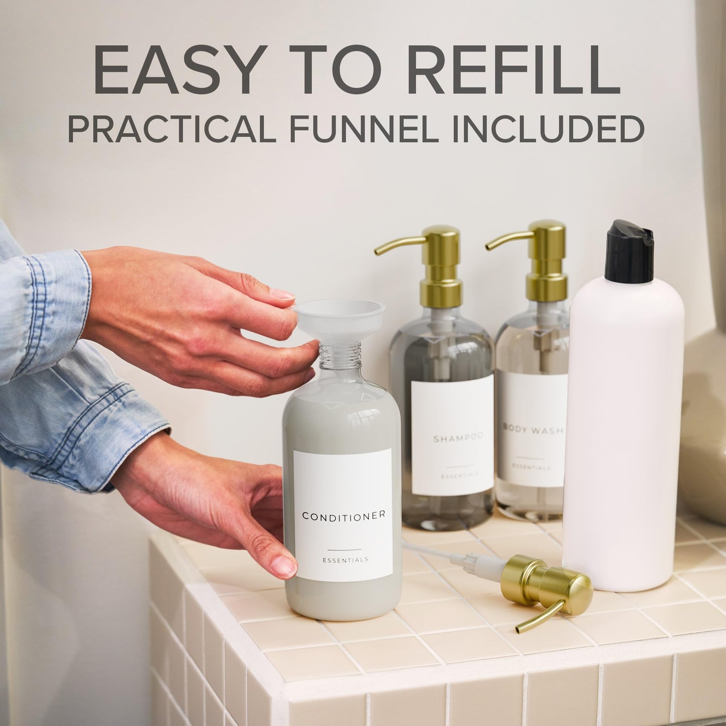 Stylish Shampoo and Conditioner Dispenser Set of 3 - Modern 21oz Shower Soap Bottles with Pump and Labels - Easy to Refill Body Wash Dispensers for an Instant Bathroom Decor Upgrade Clear