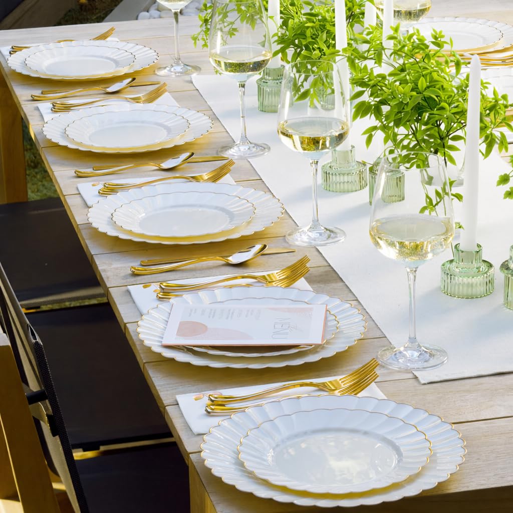 By Madee HEAVYWEIGHT 175 Pc Fancy Plastic Dinnerware Sets | Ivory Scalloped Plastic Plates with Gold Trim | Nice Plastic Plates Cutlery and Glam Napkins (25 Guests)