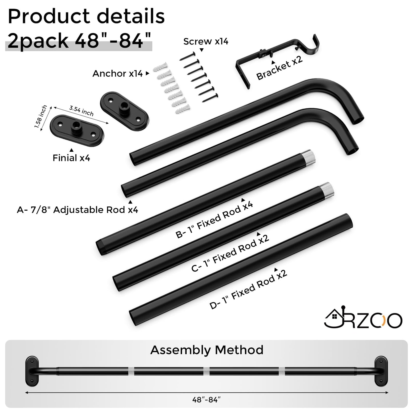 JRZOO 2 Pack Wrap Around Curtain Rods Black, Blackout Heavy Duty Curtain Pole for Windows 48 to 84 Inch, 1" Decorative Room Darkening Curved Modern Drapery Rod (Matte Black/Unique Design/All Metal)