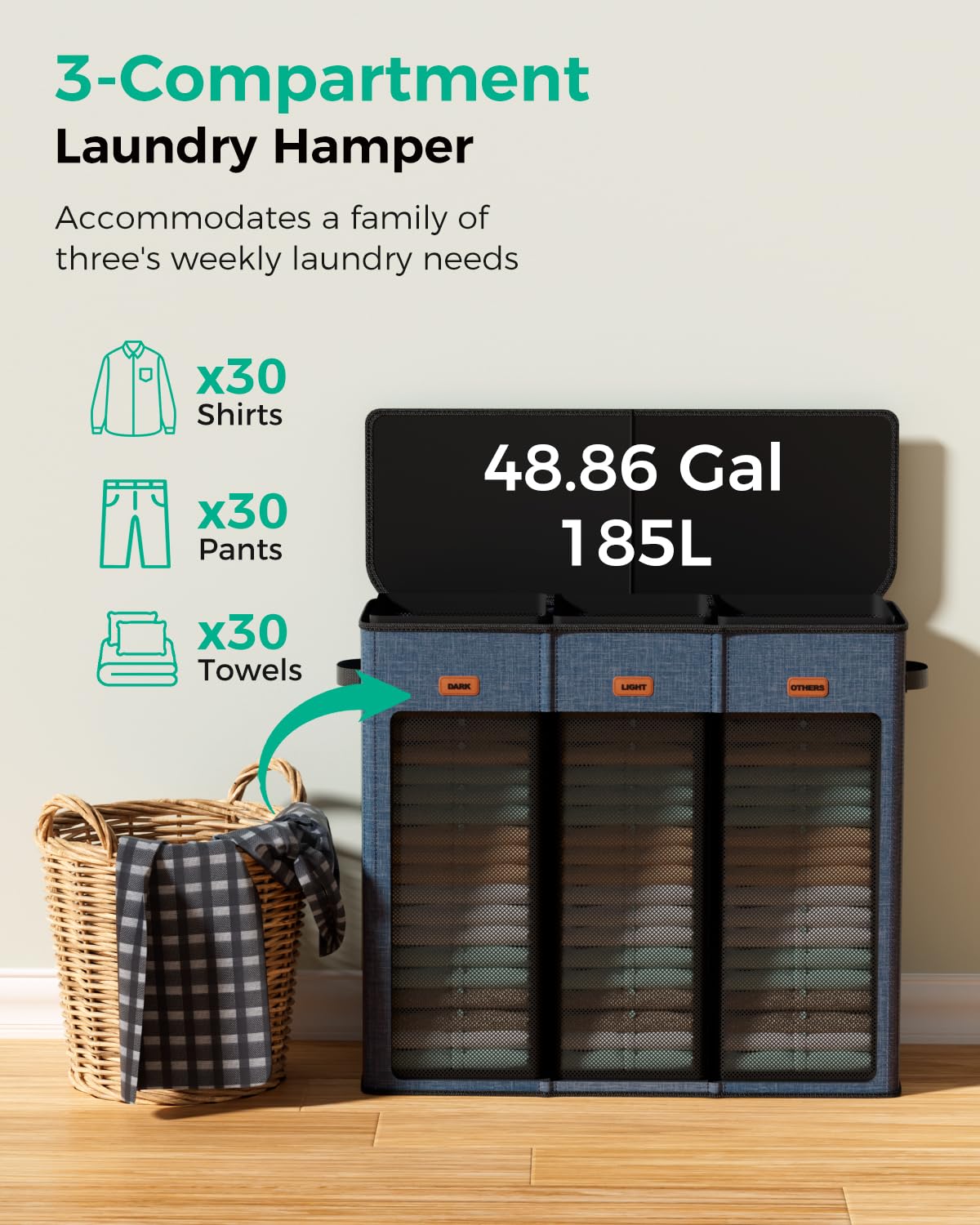 MECINFUL 3 Bin Laundry Hamper 185L, Large Laundry Hamper with Lid, Dirty Clothes Hamper with 3 Detachable Washing Bags, Foldable Laundry Basket Organizer for Bedroom, Laundry Room