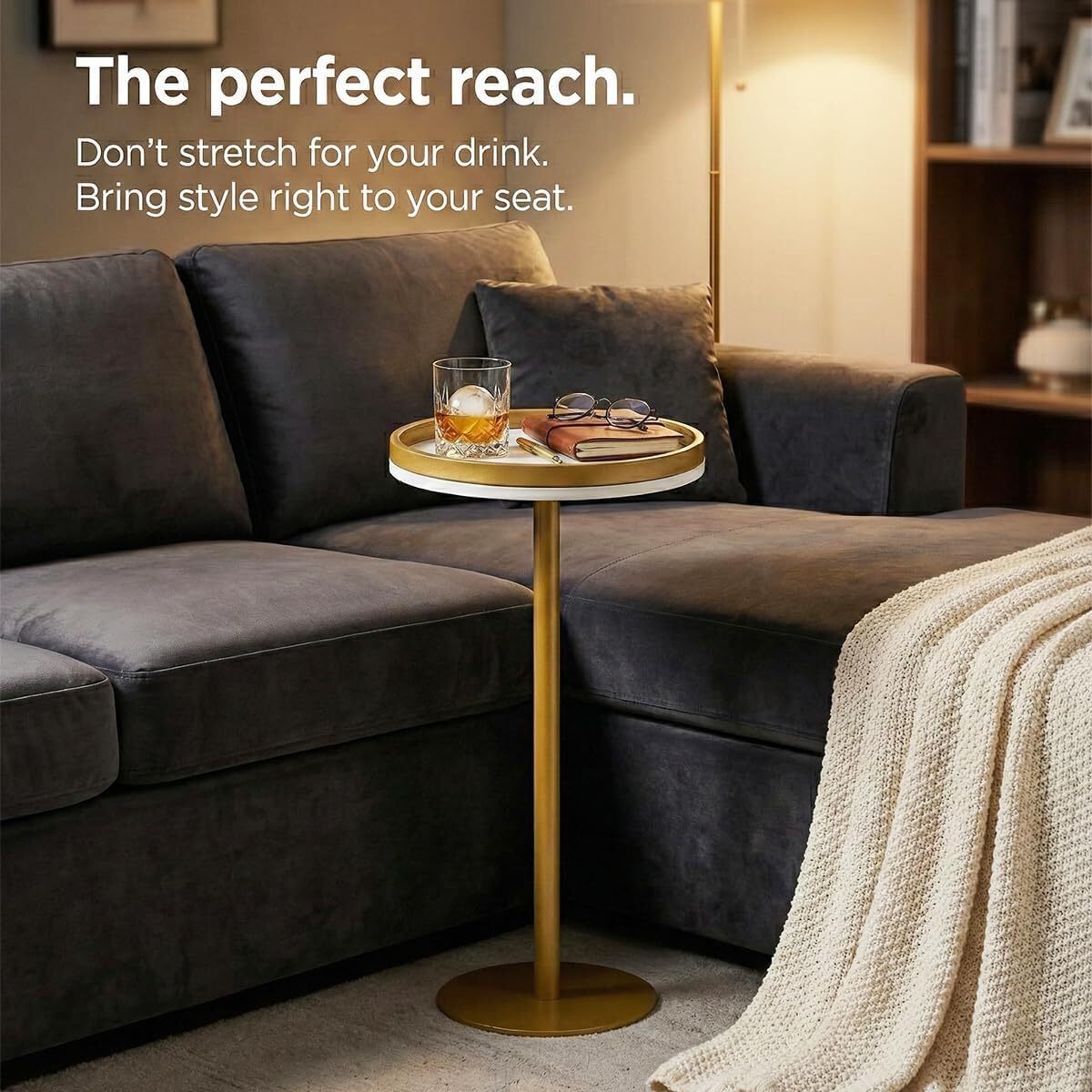 ZEXVIDA Martini Table, Small Round Drink Table with Weighted Base,Modern White & Gold Pedestal End Table with Tray Top Edge for Small Spaces, Living Room, Next to Sofa,24.7 "Tall