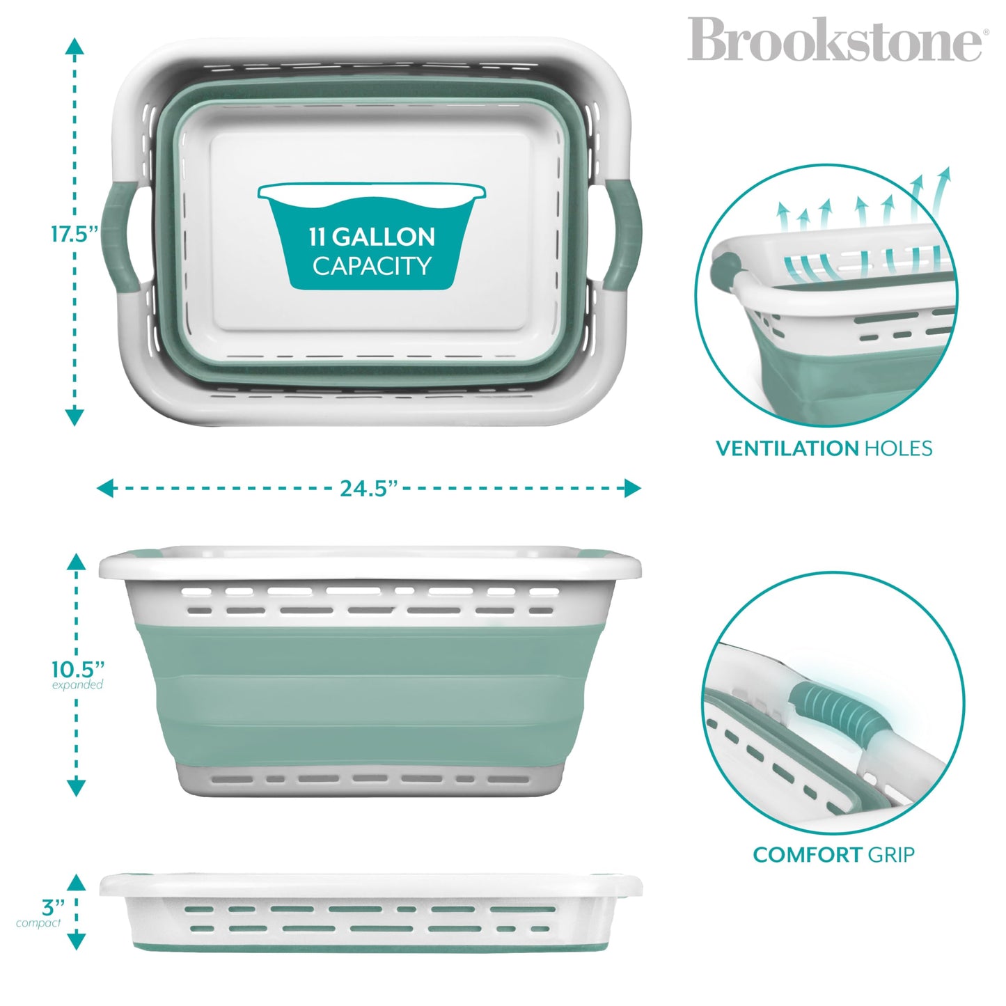 BROOKSTONE 11 GALLON XL 24" Collapsible Laundry Basket & Clothes Hamper, Comfort Non-Slip Handles, Modern Laundry Hamper with Space Saving Design, Portable Pop-Up Hamper, BPA FREE, Mint, 1 Pack