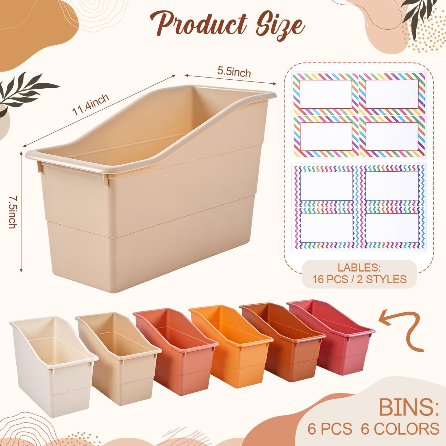 Blosssound 6 Set Book Bins for Classroom with Label Sticker Book Box Baskets Plastic Stackable Organizing Bins Storage & Organization for Classroom Library Home School Supplies (Earth Tones)