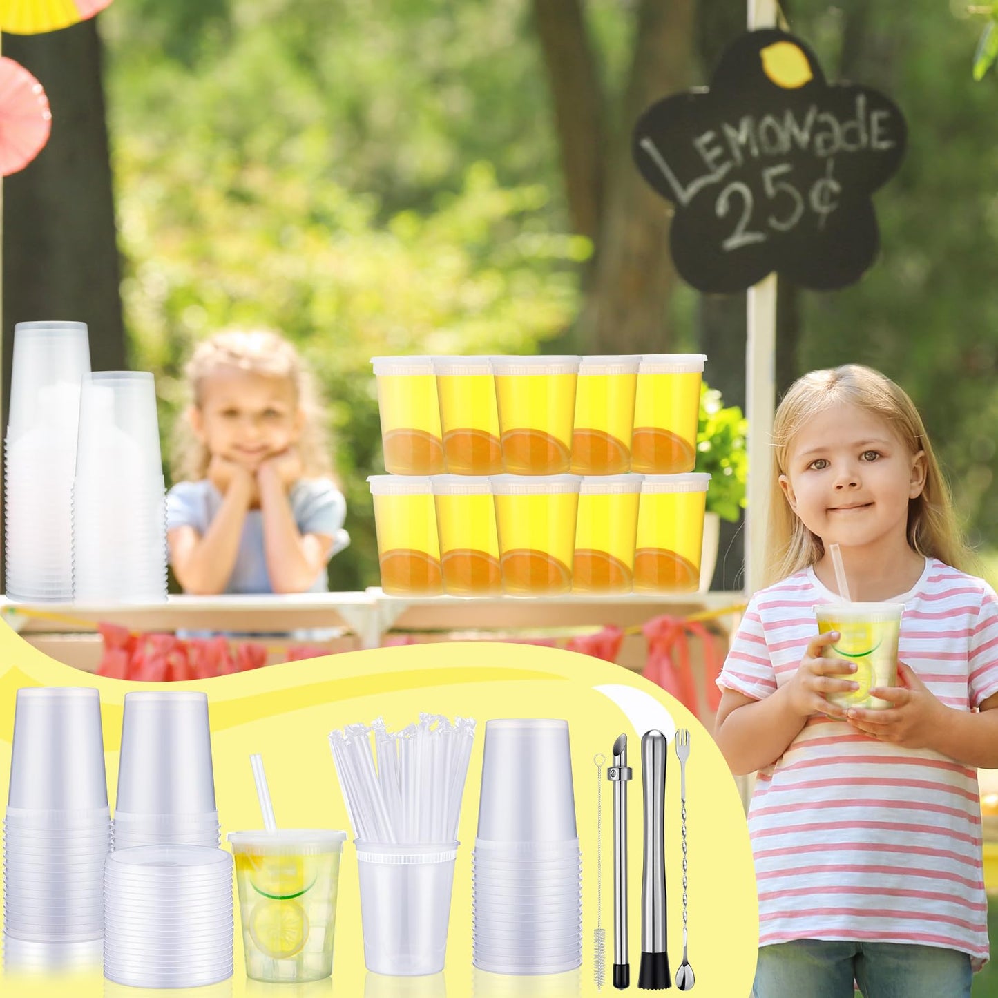 LemonRoad 24 Set Lemonade Stand Supplies Lemonade Stand Kits Include 24 Pcs 32oz Plastic Cups with Lid and Straw, Straw Puncher for Plastic Lids, Muddler, Mixing Spoon, Cleaning Brush for Summer Party