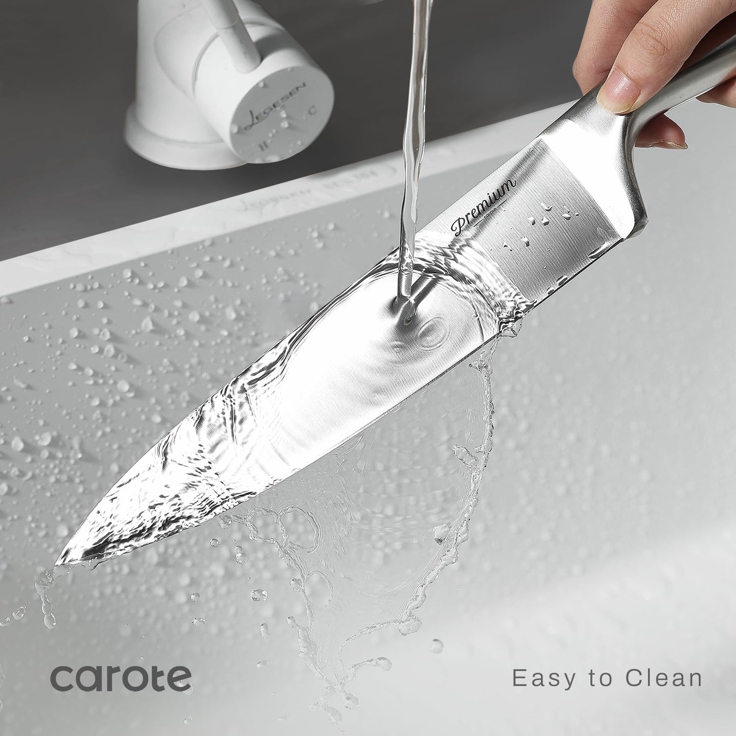 CAROTE 12-Piece Knife Set, All-Stainless Steel Knife Block Set, Kitchen Knives with Wooden Block, Razor-Sharp and Ergonomic, Easy Cleaning