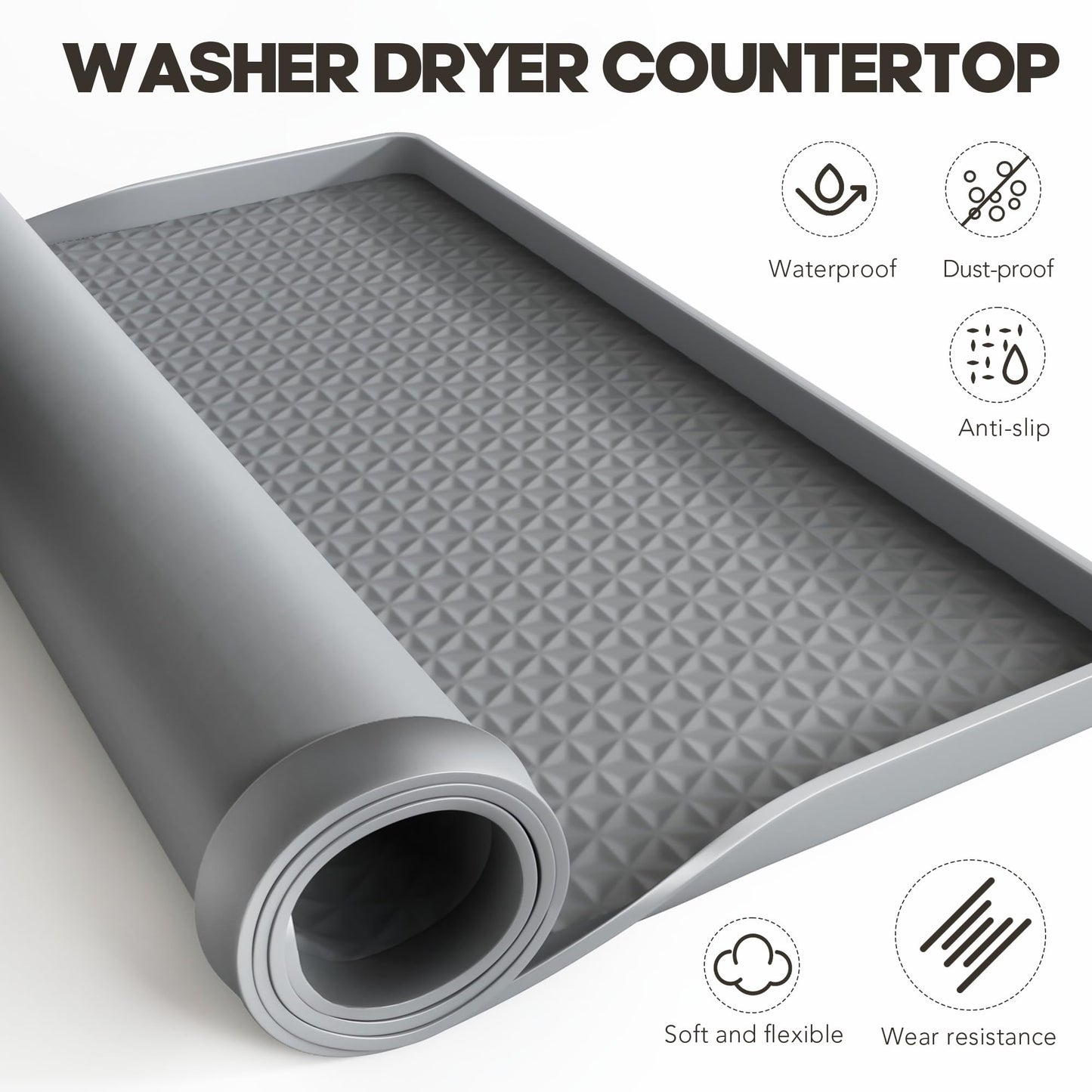 Washer Dryer Countertop, 54" x 27.5" Large Washer and Dryer Covers for The Top, Non-Slip Waterproof Silicone Dryer Top Protector Mat, Washer Dryer Topper for Laundry Room Kitchen Home（Gray）