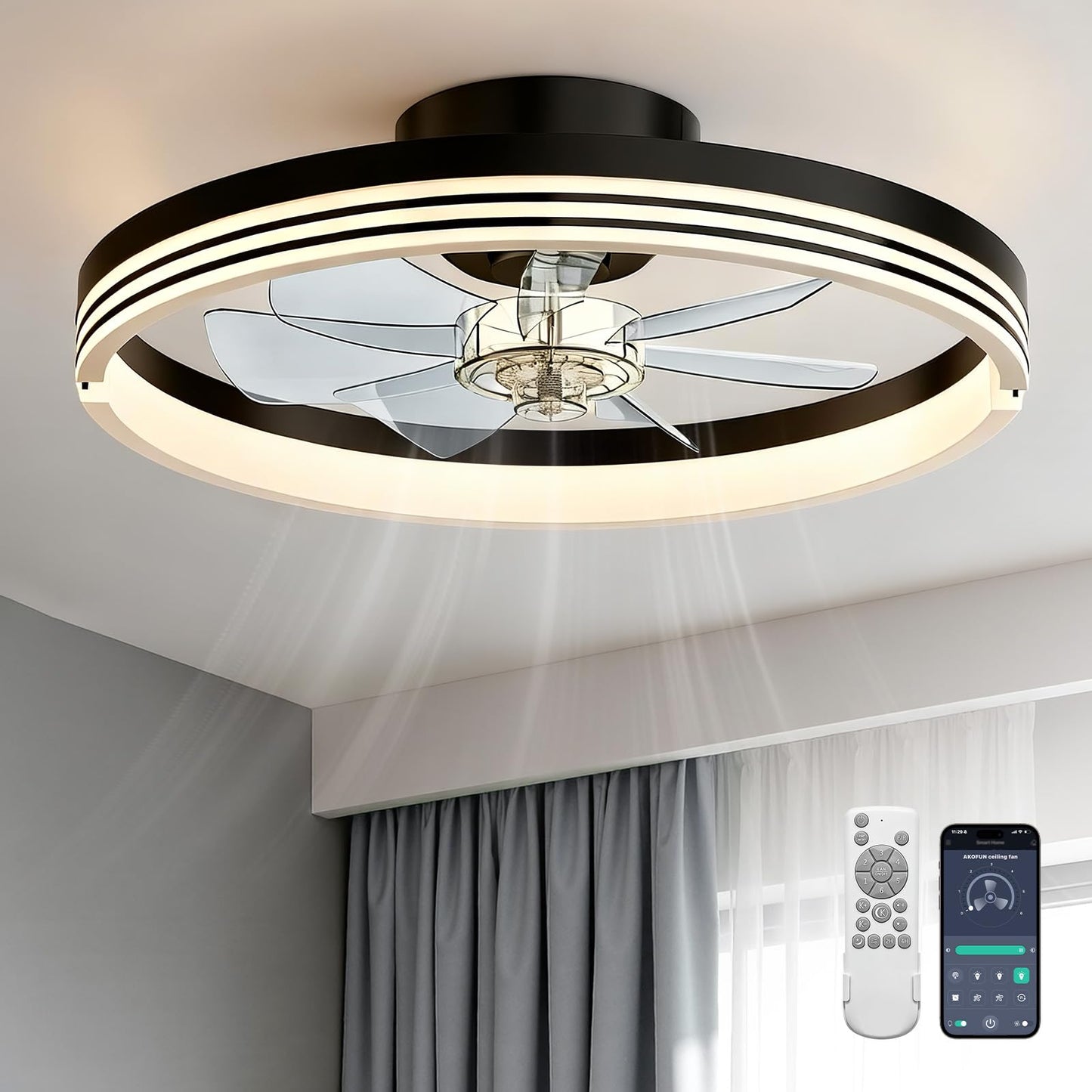 AKOFUN Modern Bladeless Ceiling Fans with Lights, Small Fandelier Bedroom Ceiling Fan - Low Profile LED Fan Light with Remote APP, Flush Mount, Dimmable, DC Motor, 6 Speeds, Timer (18 inch, Black)