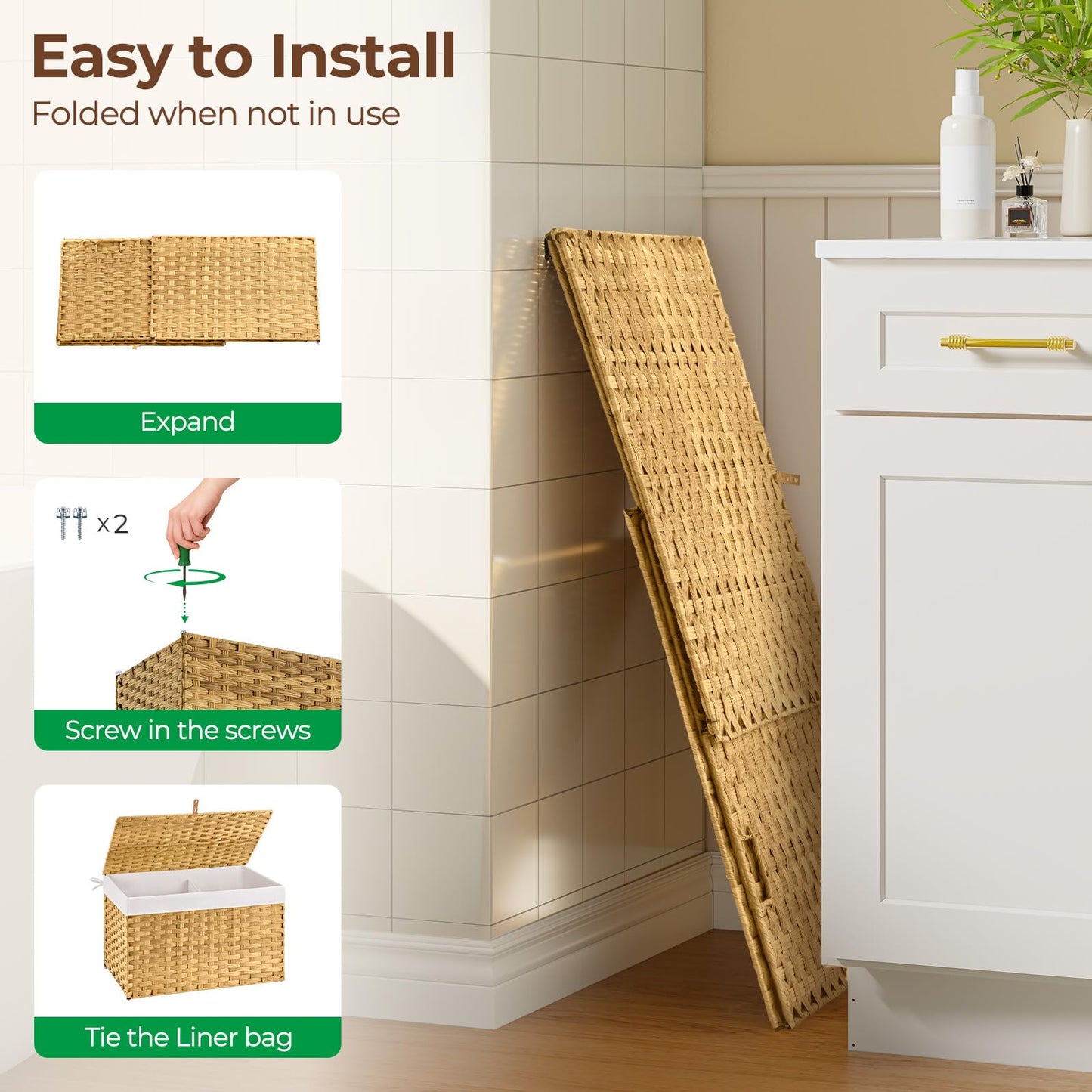GREENSTELL Storage Basket with Lid, 17.2 Gallon(65L) Small Wicker Blanket Storage Basket with Handles, Foldable, 2 Removable Liner Bags, Metal Frame, for Bedroom, Laundry Room, Natural