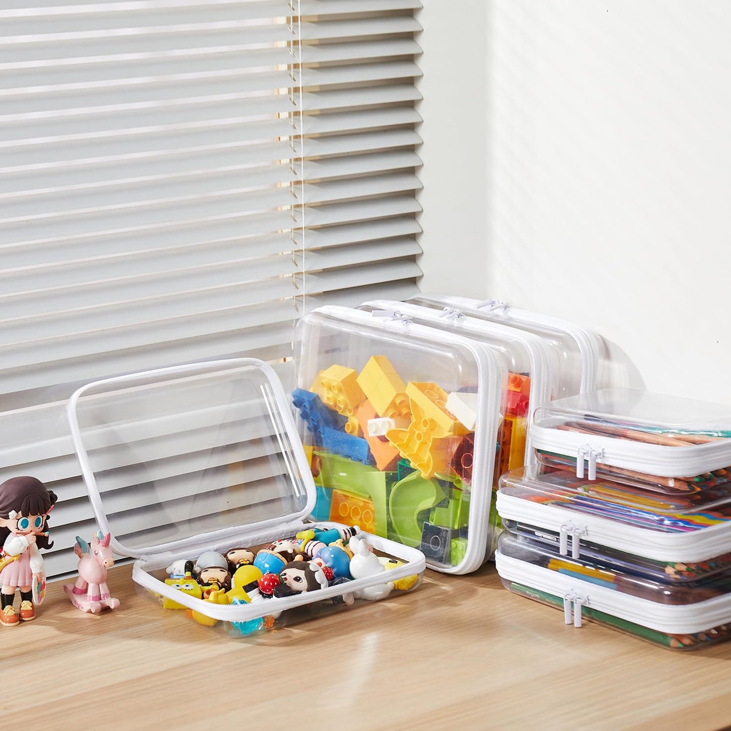 MACOPRO 6PCS Clear Zipper Pouches, Christmas Item Storage Bins, Zippered Hard Pouch Double, Portable Makeup and Cosmetic Bag, Toy Storage Organizer Bins, Hard Plastic Case, Clear Zipper Bags