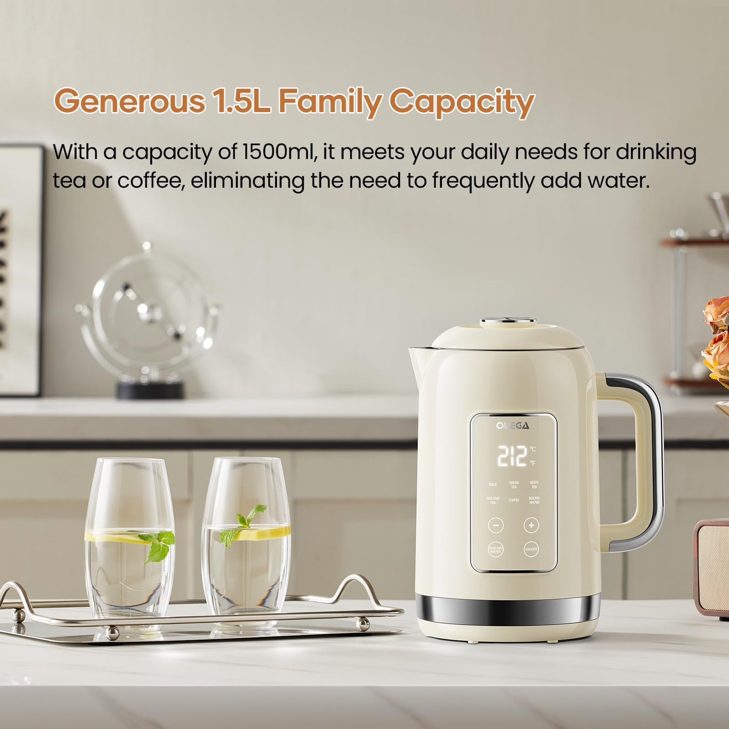 Electric Kettle Temperature Control: OLEGA 1.5L Stainless Steel Smart Kettle Hot Water Boiler, 6 Temp Presets, 1200W Fast Boiling Electric Tea & Coffee Kettle, Electric Kettles Teapot for Home -Beige