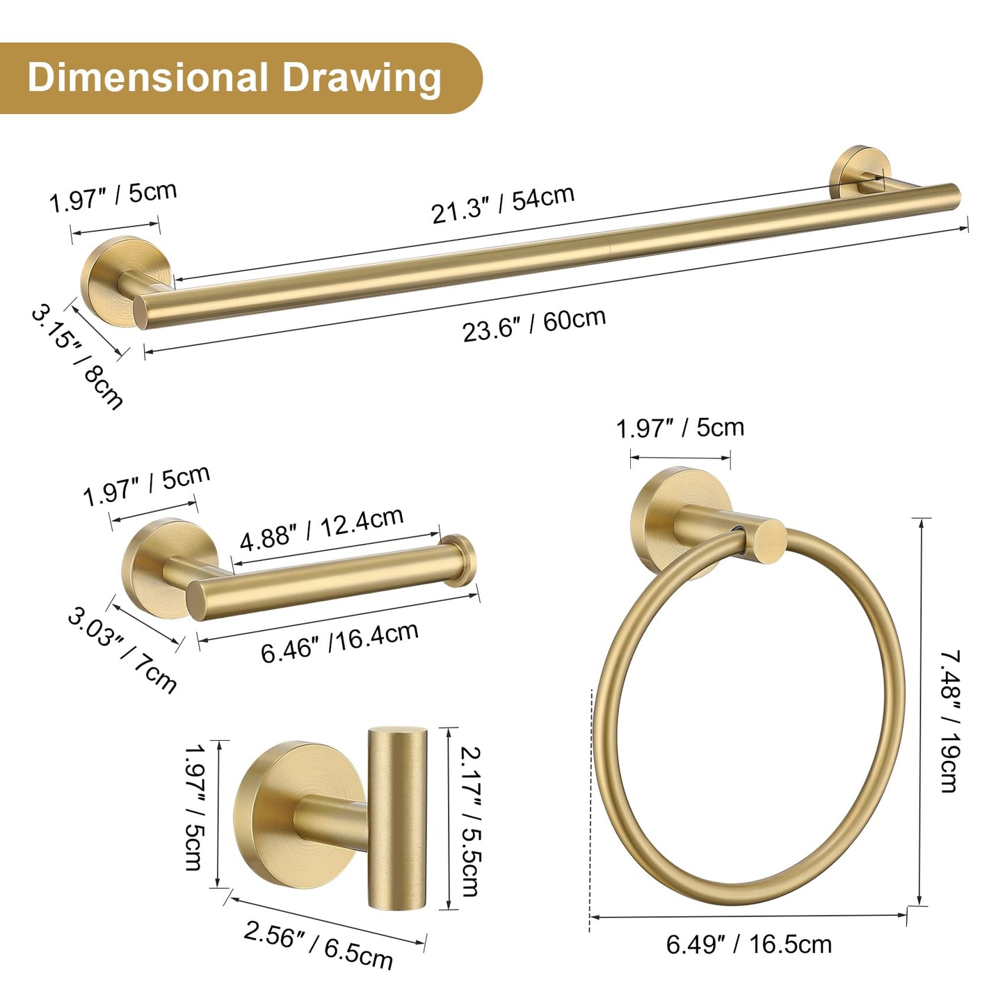 Lairuier 5 Pieces Brushed Gold Bathroom Accessories Set, 23.6 Inch Bath Towel Bar Set, SUS304 Stainless Steel Bathroom Hardware Set Round Toilet Paper Holder Set Wall Mounted