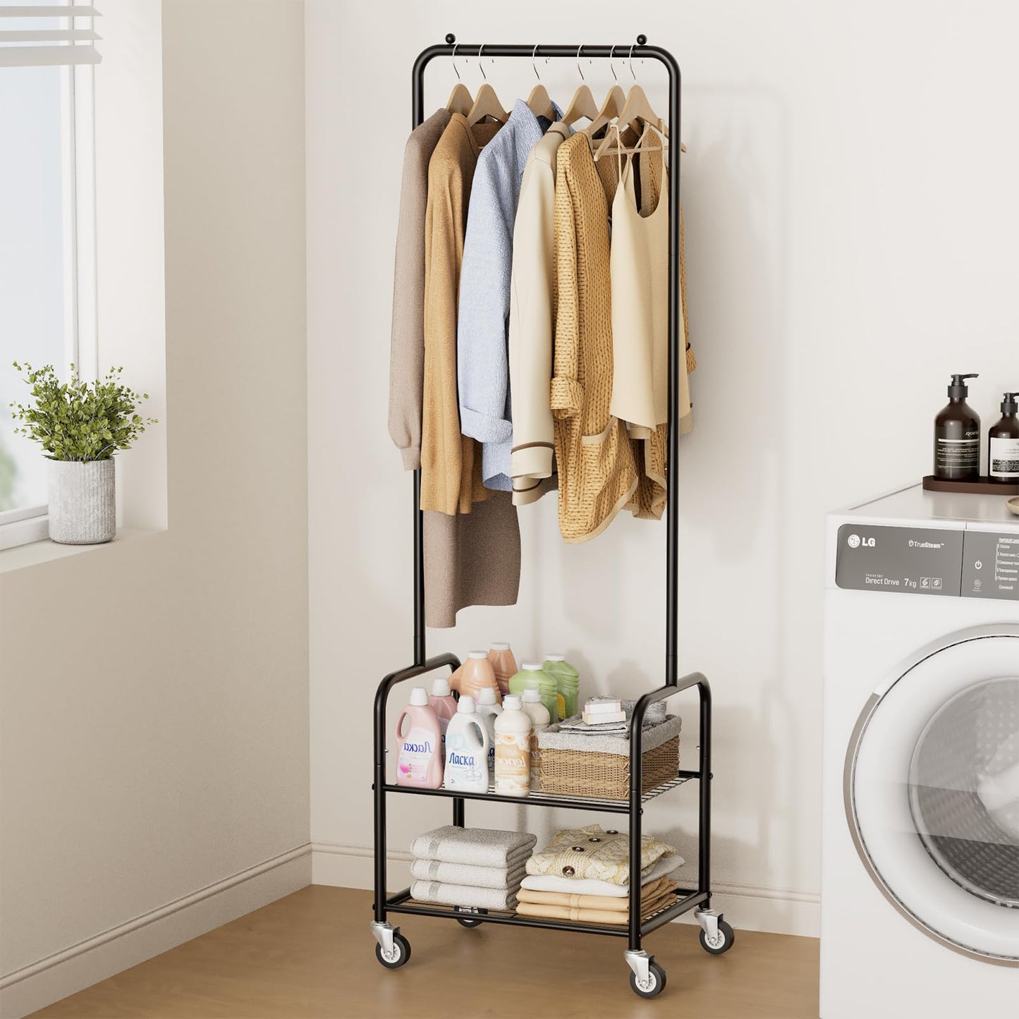 AOODA Small Clothes Rack with Shelves, Metal Sturdy Rolling Clothing Racks for Hanging Clothes, Portable Garment Rack with Wheels for Shirts, Coats, Shoes, Bags (Black)