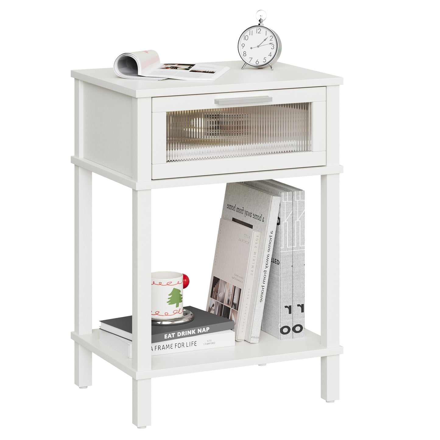 Nightstand Wooden Bedside Table with Drawer White Night Stands Modern Style Small End Table Side Table with Storage Shelf for Bedroom Living Room MLBZ10W