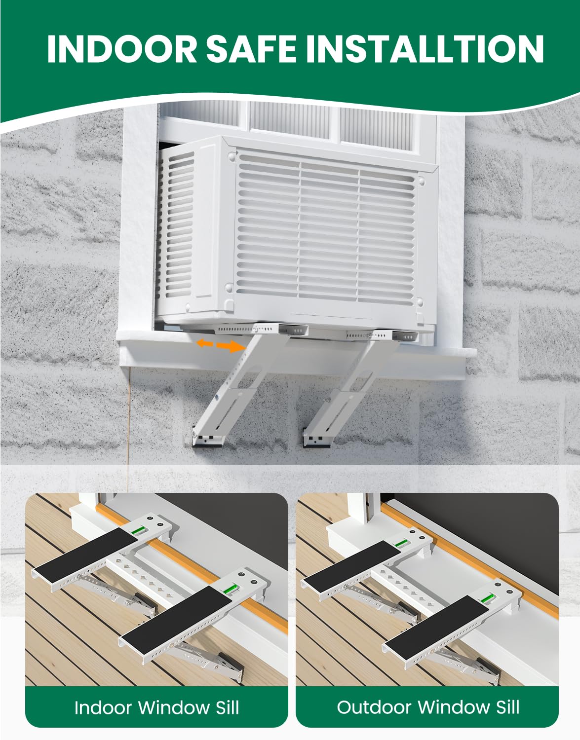 Plusluck Window Air Conditioner Support Bracket: Heavy Duty Window AC Bracket with 2 Arms, Up to 220 lbs - Universal Fit 5,000 to 24,000 BTU Window Units - Adjustable Crossbar Level Non-Slip Mat