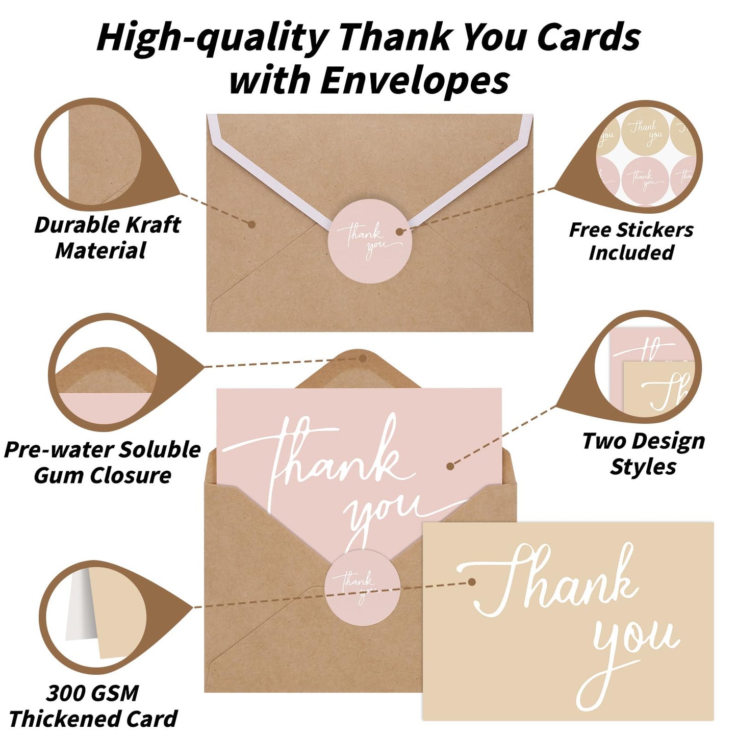UZLU 600 PCS Thank You Cards with Envelopes & Stickers, 3.5x5 Inch Thank You Notes Bulk Set - 2 Minimalistic Design Greeting Cards for Business Wedding Baby Shower Graduation Bridal Shower Christmas