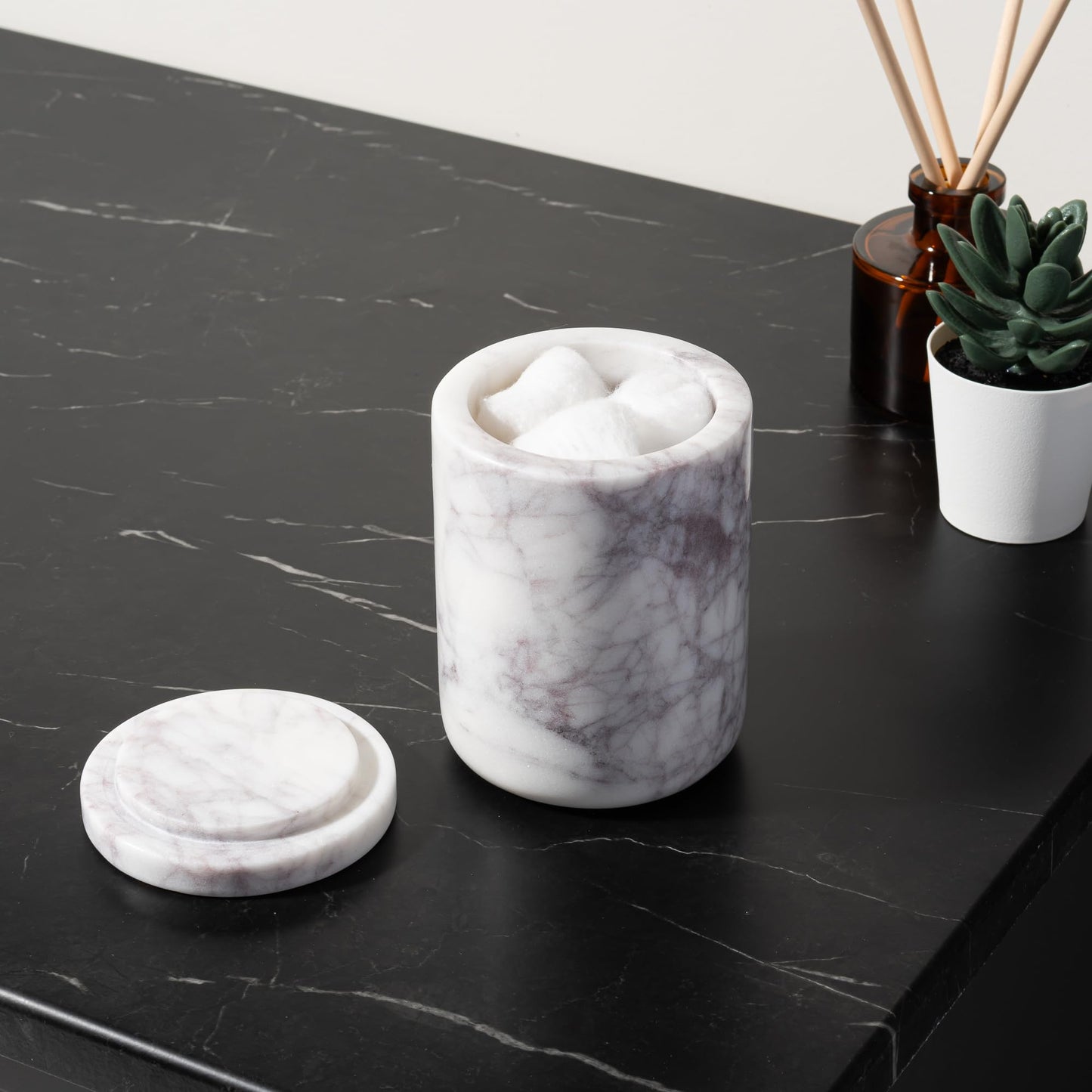 Cork & Mill Marble Bathroom Accessories Set, Solid Natural Marble, Complete Vanity Set with Soap Dispenser, Toothbrush Holder & Canister with Lid for Qtips, White Bathroom Countertop Decor