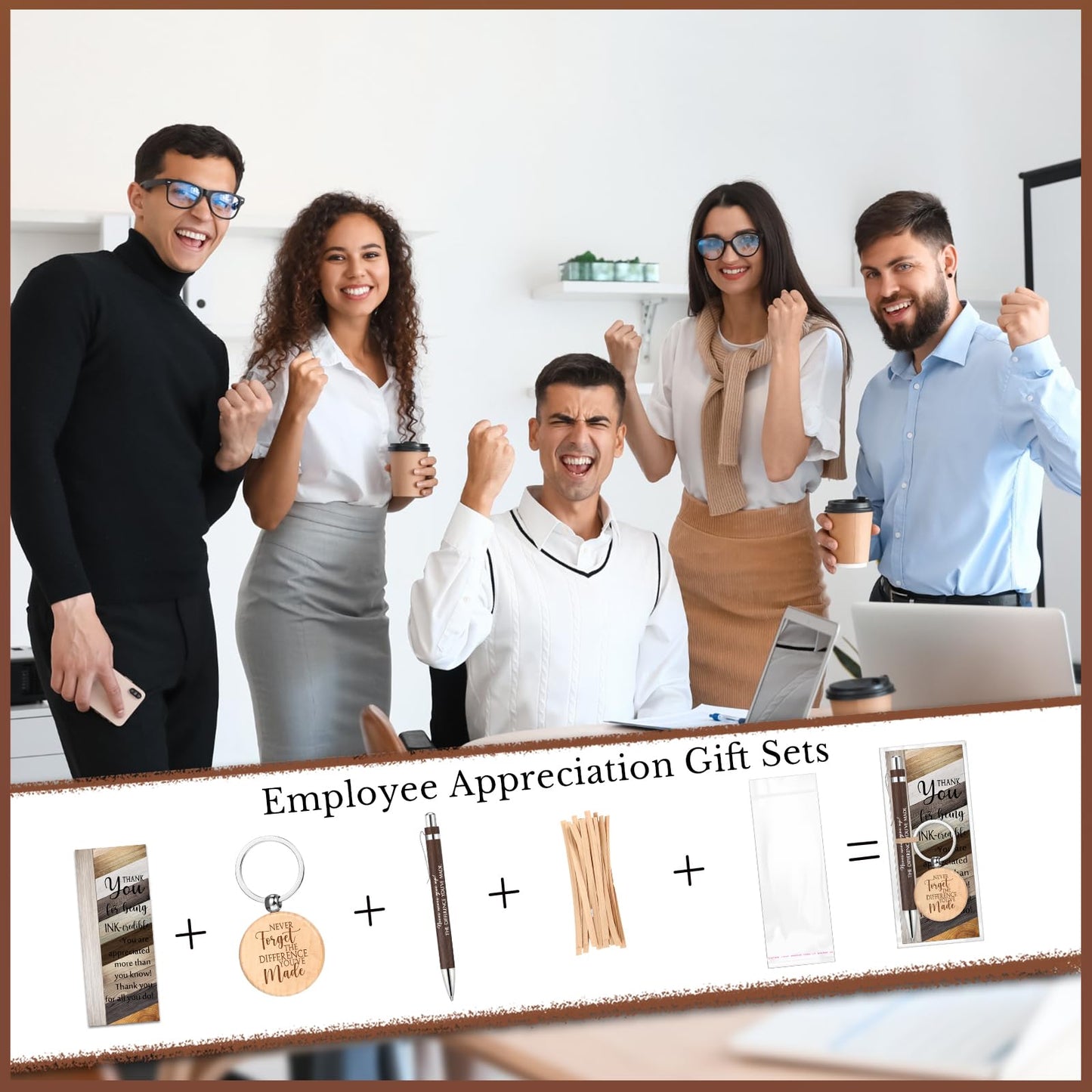 Dispowreath Employee Appreciation Gift Bulk with Bamboo Ballpoint Pen Inspirational Wooden Keychain Thank You Bookmark Card Set for Employee Staff Office Team Volunteer Teacher Gift(40 Sets)