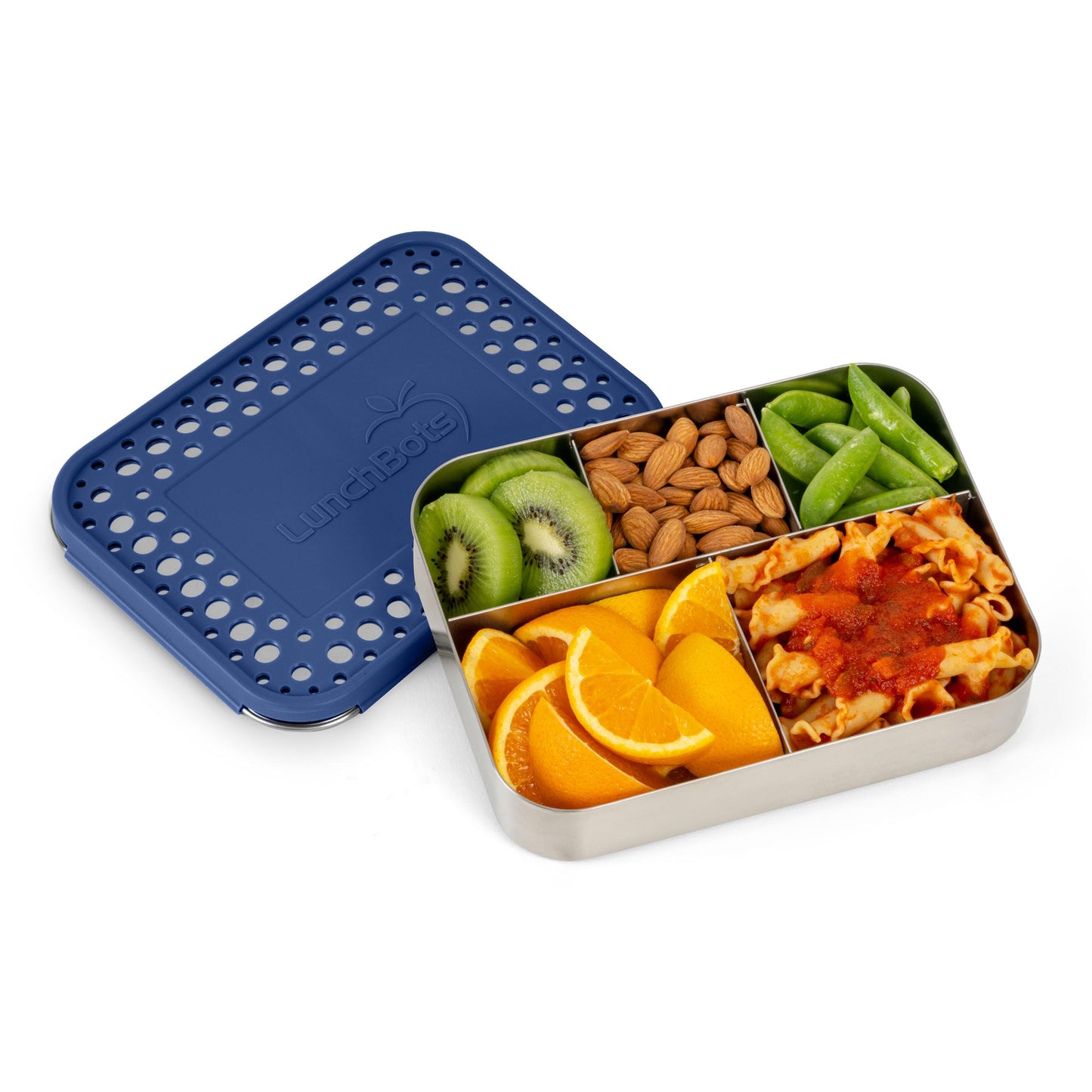 LunchBots Large Cinco Stainless Steel Lunch Container - Five Section Design Holds a Variety of Foods - Metal Bento Box - Dishwasher Safe - Stainless Lid - Blue Dots
