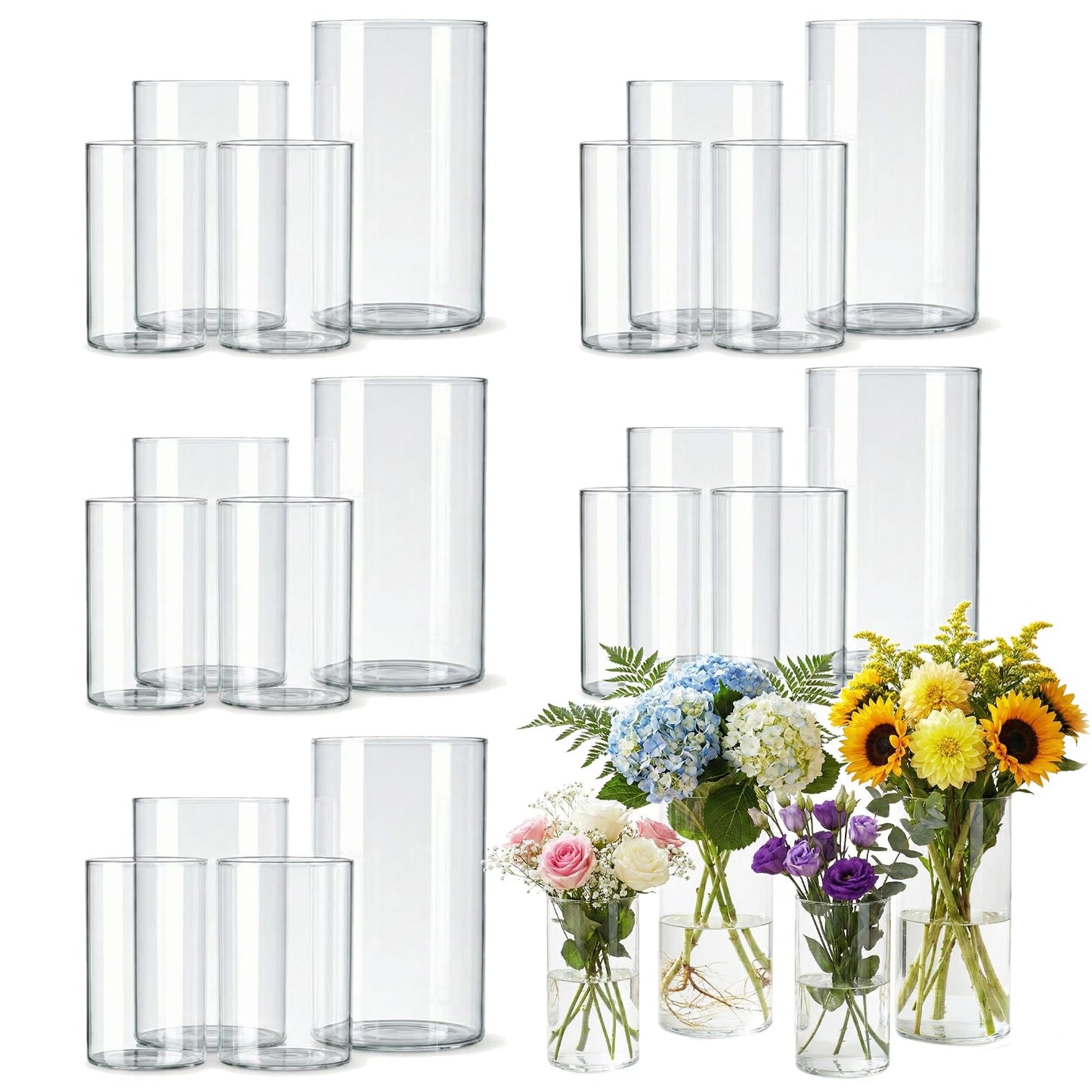 Wehomai 24pcs Glass Cylinder Vases for Centerpieces,Clear Flower Vases for Wedding Decorations and Indoor Home Decor, Hurricane Candle Holder for Table Shelf, Party
