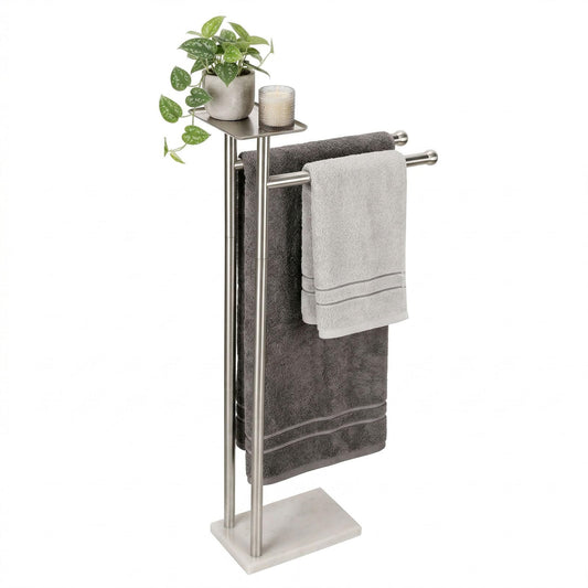 Songtec Towel Rack Stand for Bathroom, 2-Tier Freestanding Towel Holder for Bath Towels, Practical Shelf on Top, Heavy Duty Bathroom Accessories, No Drilling Required