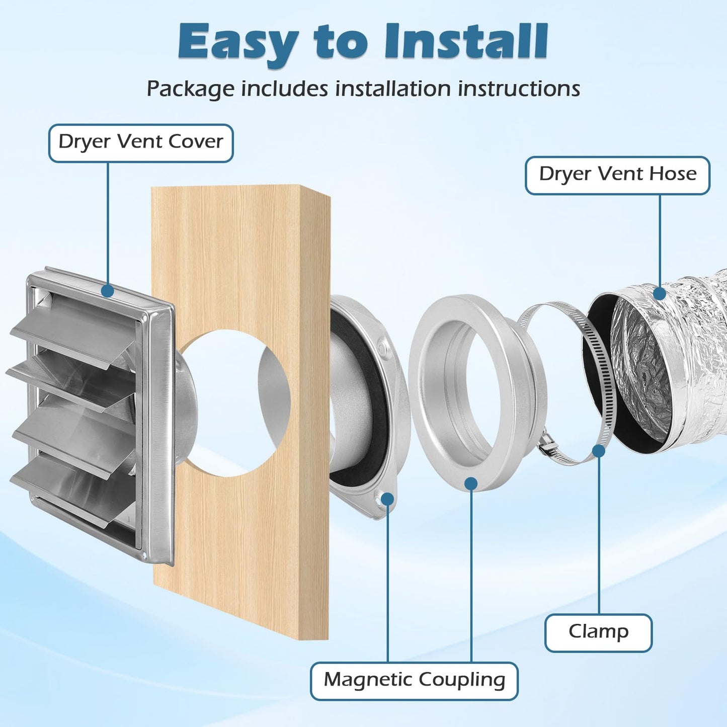 Koalafast Magnetic Dryer Vent Connector Kit, Magnetic Dryer Vent Coupling DV180 Airtight Seal with Dryer Vent Cover Outside, Easy to Clean Quick Connect 4" Dryer Vents Hose with 2 Clamps