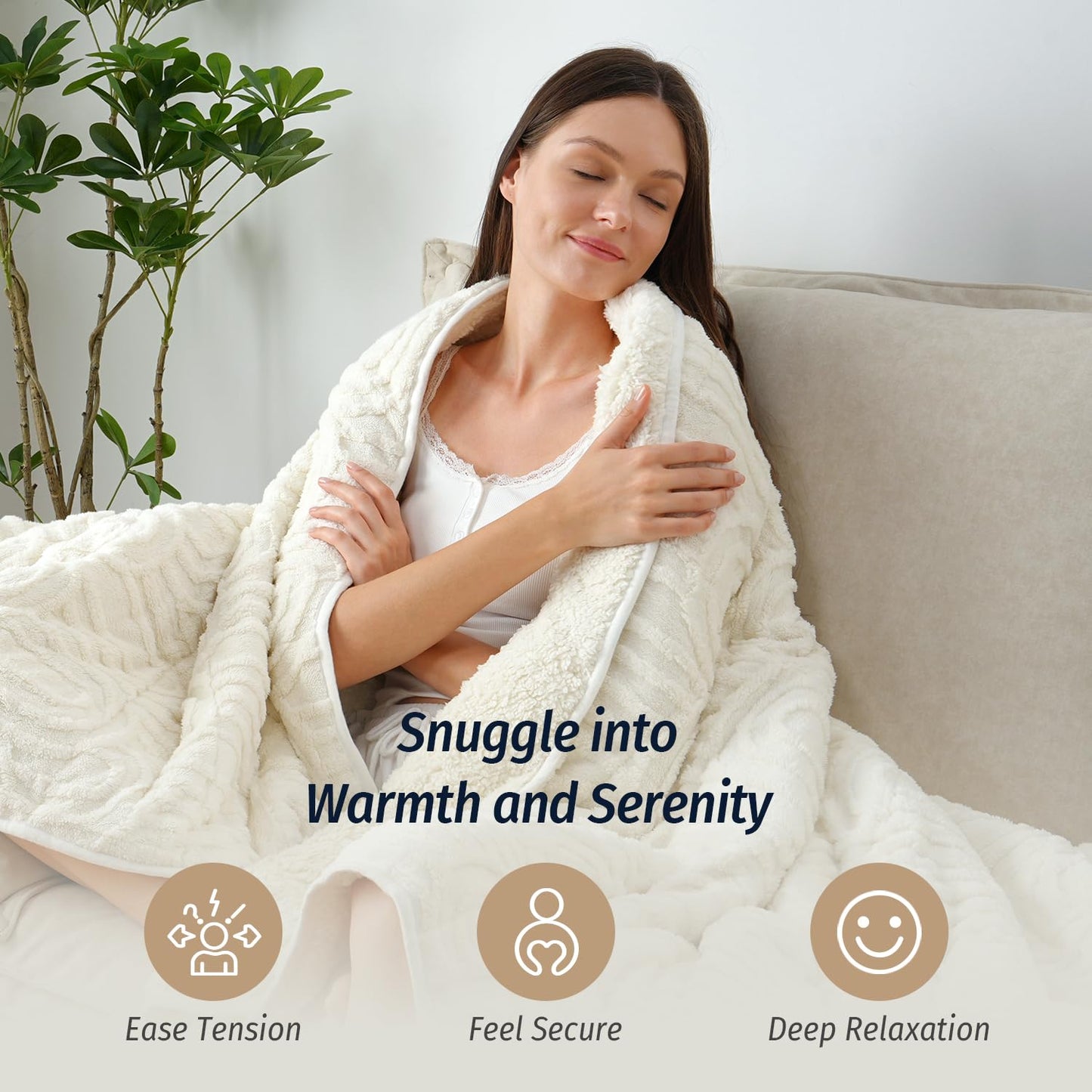 Wemore Jacquard Fleece Weighted Blanket Queen Size 60" x 80" 15lbs, Ultra Soft Cozy Sherpa Weighted Blankets for Adults, Ultra Fuzzy Heavy Blanket for Sleep, Fluffy Warm Throw for Bed, Cream White