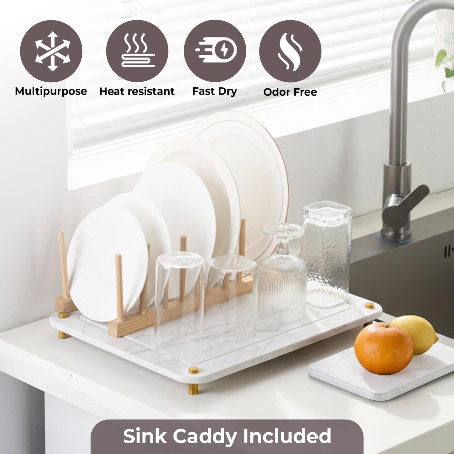 Stone Drying Mat for Kitchen Counter + Sink Caddy | 15.7"x11.8" Diatomaceous Earth Drying Mat with Stainless Steel Feet | Heat Resistant to 450°F | Eco-Friendly Dish Drying Stone for Kitchen Counter