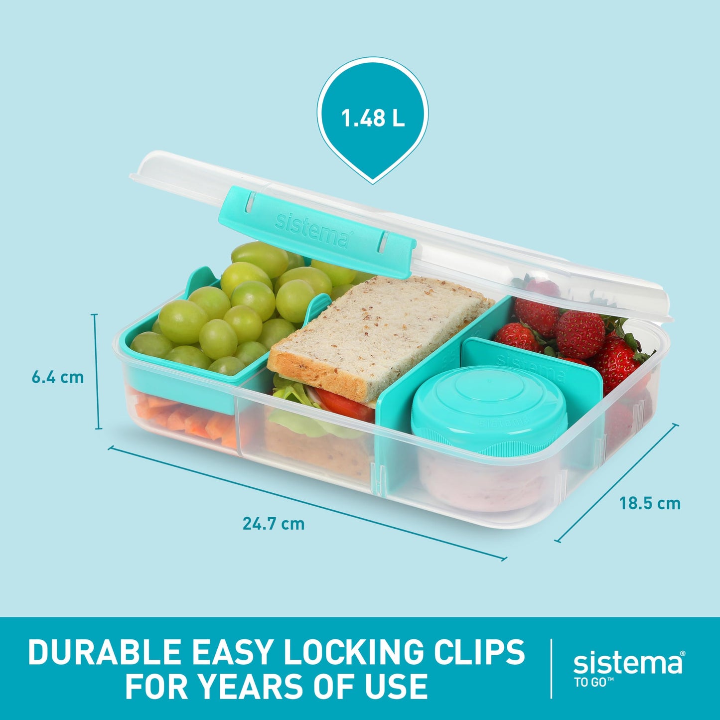 Sistema To Go 1.48L (2-Pack) Bento Box Food Storage Containers, School Lunch Boxes with Removable Dividers & Snack Pot, Two 1.48L Containers, Freezer, Microwave, & Dishwasher-Safe, BPA-Free