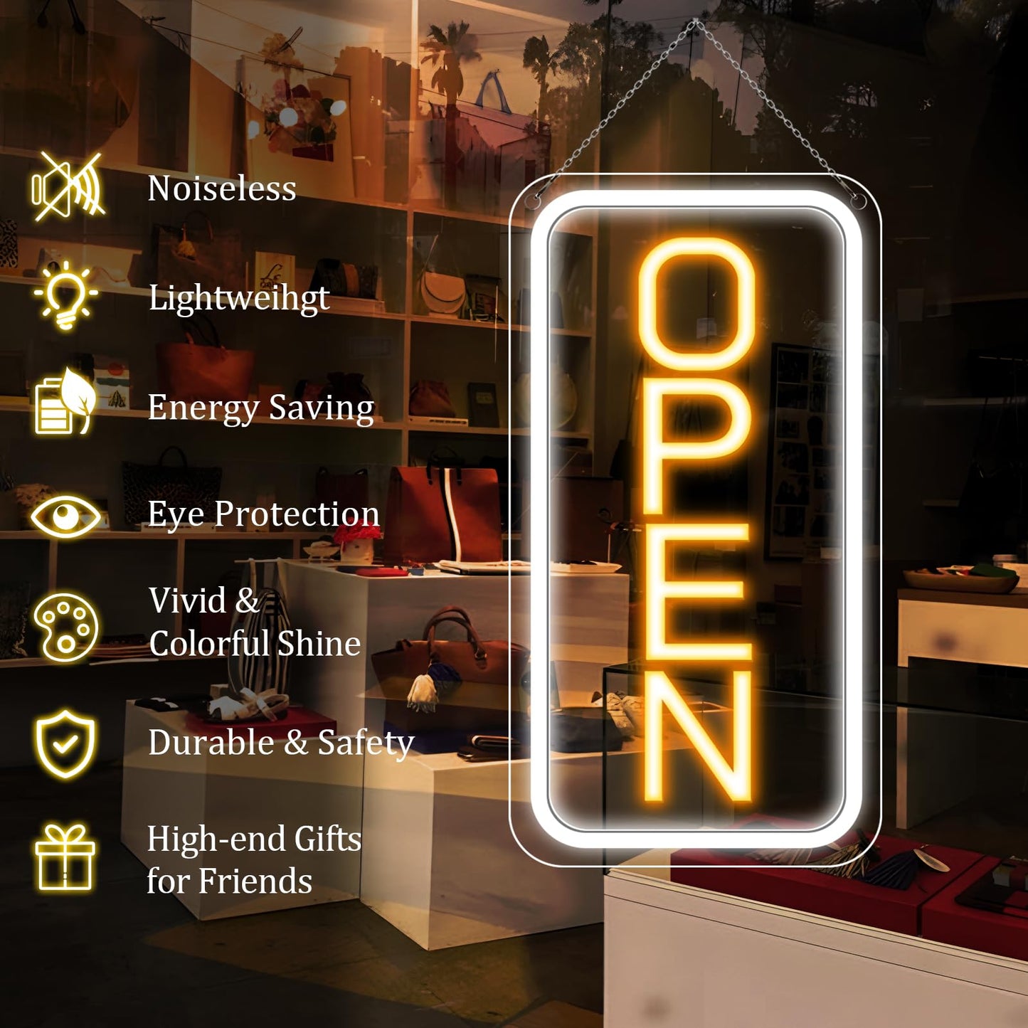 inShareplus 16"x 9" Super Bright Open Sign,12V LED Neon Open Signs for Business for Window, with ON/OFF Switch, Electric Light up Signs for Stores, Restaurants Retail Shops (Yellow-White-Vertical)