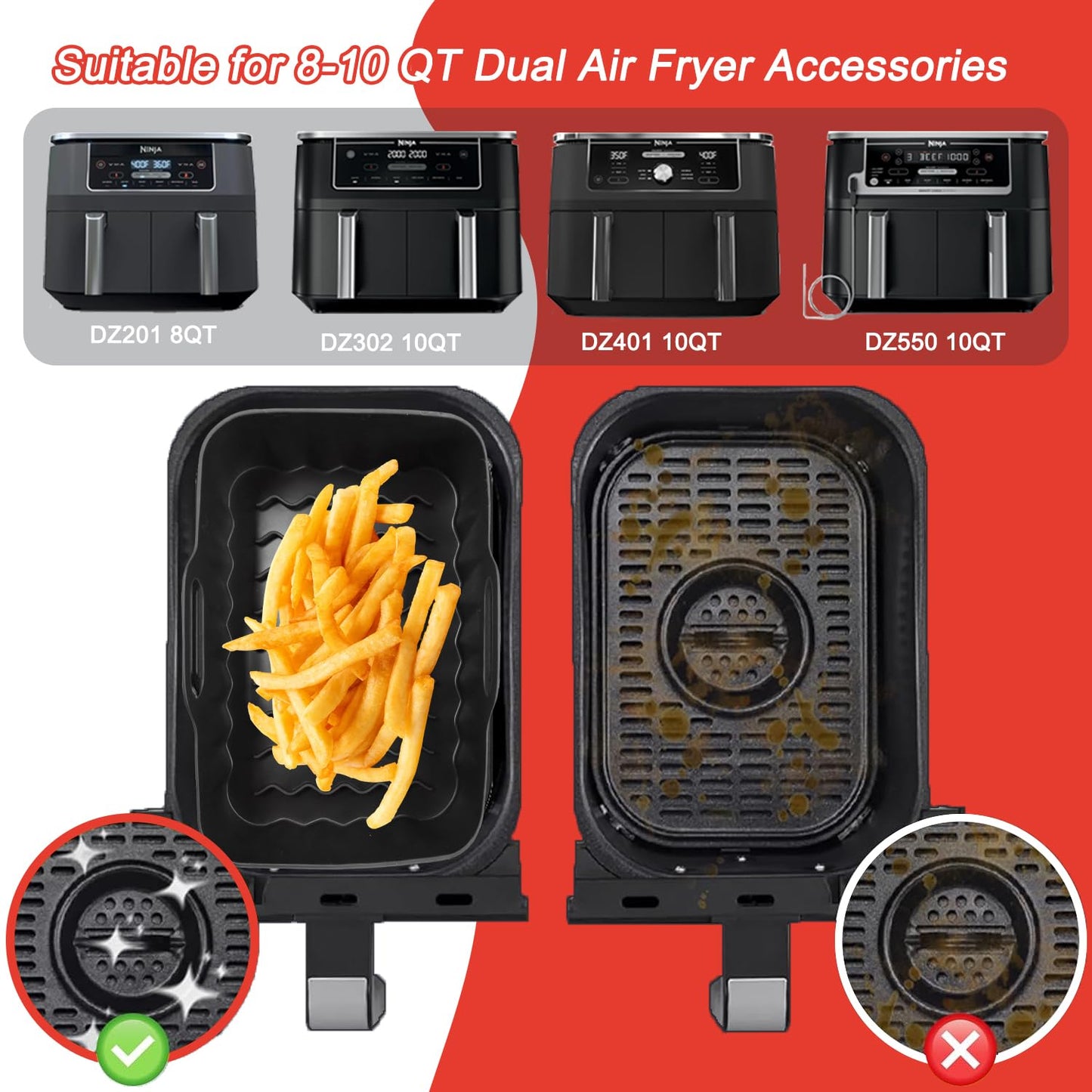 Dual Air Fryer Accessories, Reusable Compatible for Ninja Foodi DZ201, DZ401, DZ550, DZ302, COSORI 9QT, Chefman, Instant, and 6-in-1 8-10QT Dual Basket Air Fryersr,Silicone Liner, Grill