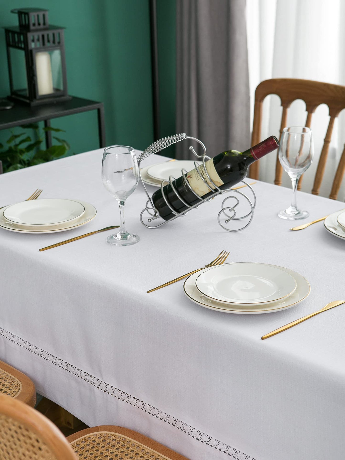 EHouseHome Heavy Duty Fabric Tablecloth with White Lace-Waterproof/Wrinkle Free/Stain Resistant/Oil Proof-for Dining,Indoor&Outdoor,Wedding,Holiday,White,Rectangle 60x120Inch