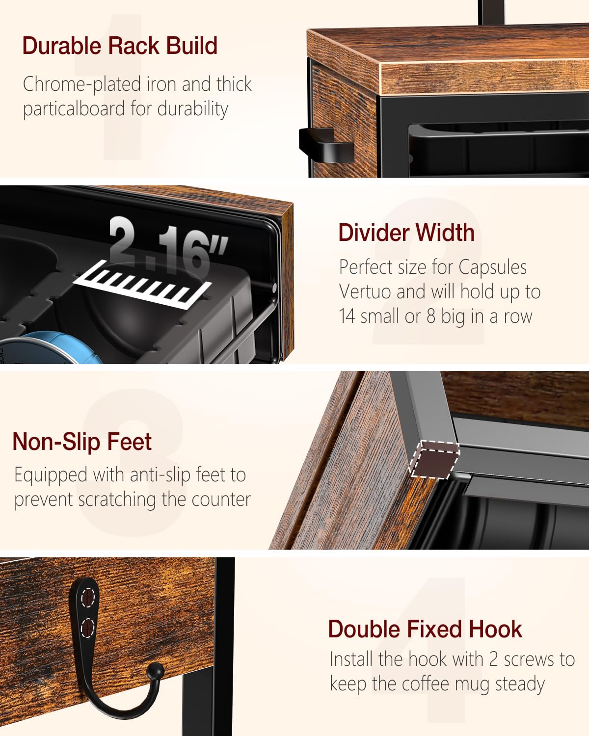 Evermagin Coffee Pod Holder, Vertuo Pod Holder Compatible with Nespresso, 28 Large or 56 Small Nespresso Capsule Organizer Drawer Station with Cup Rack, Rustic Brown