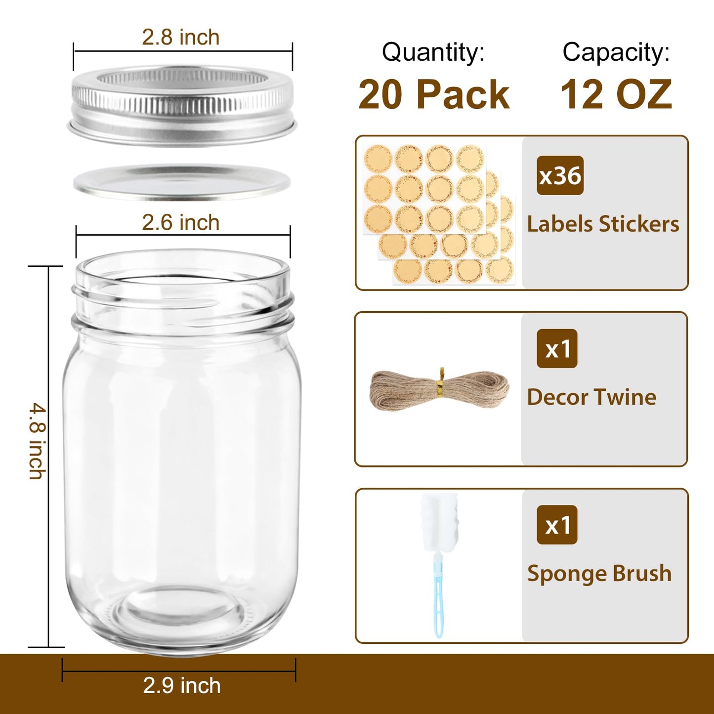HWASHIN 20 Pack 12 oz Mason Jars with Lids and Bands, Regular Mouth Canning Jars, Clear Glass Jars for Canning, Pickling, Preserving, DIY Projects