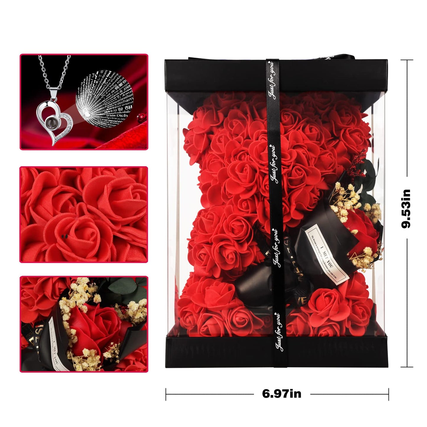 Rose Bear Gifts for women, Rose Bear Artificial Rose with I Love You Necklace Teddy Bear, Romantic Flower Bouquet Gift for Wife, Mom, Grandma, Perfect for Birthday, Mothers Day & Anniversaries