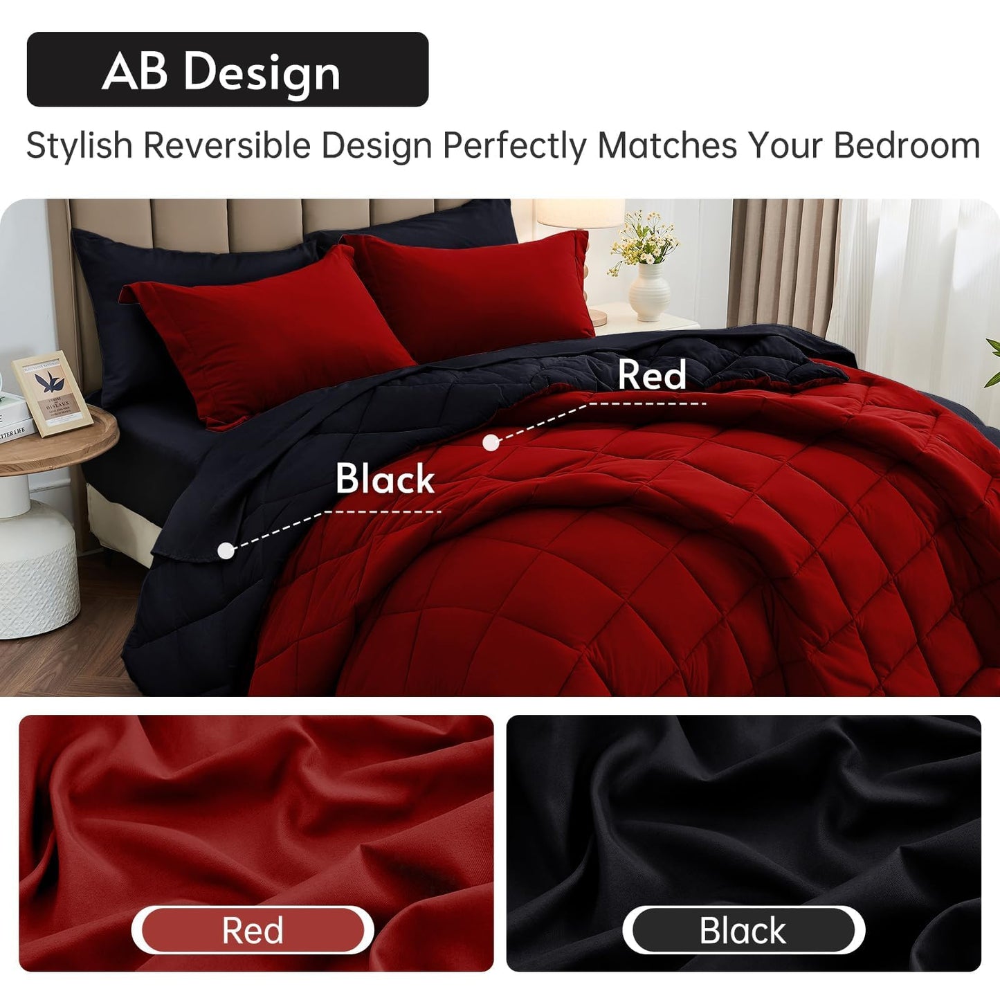 MUXHOMO 7 Pieces Full Comforter Set, Reversible Bed in a Bag Full Size, All Season Bedding Set with Comforter, Flat Sheet, Fitted Sheet, Pillowcases & Shams, Red & Black