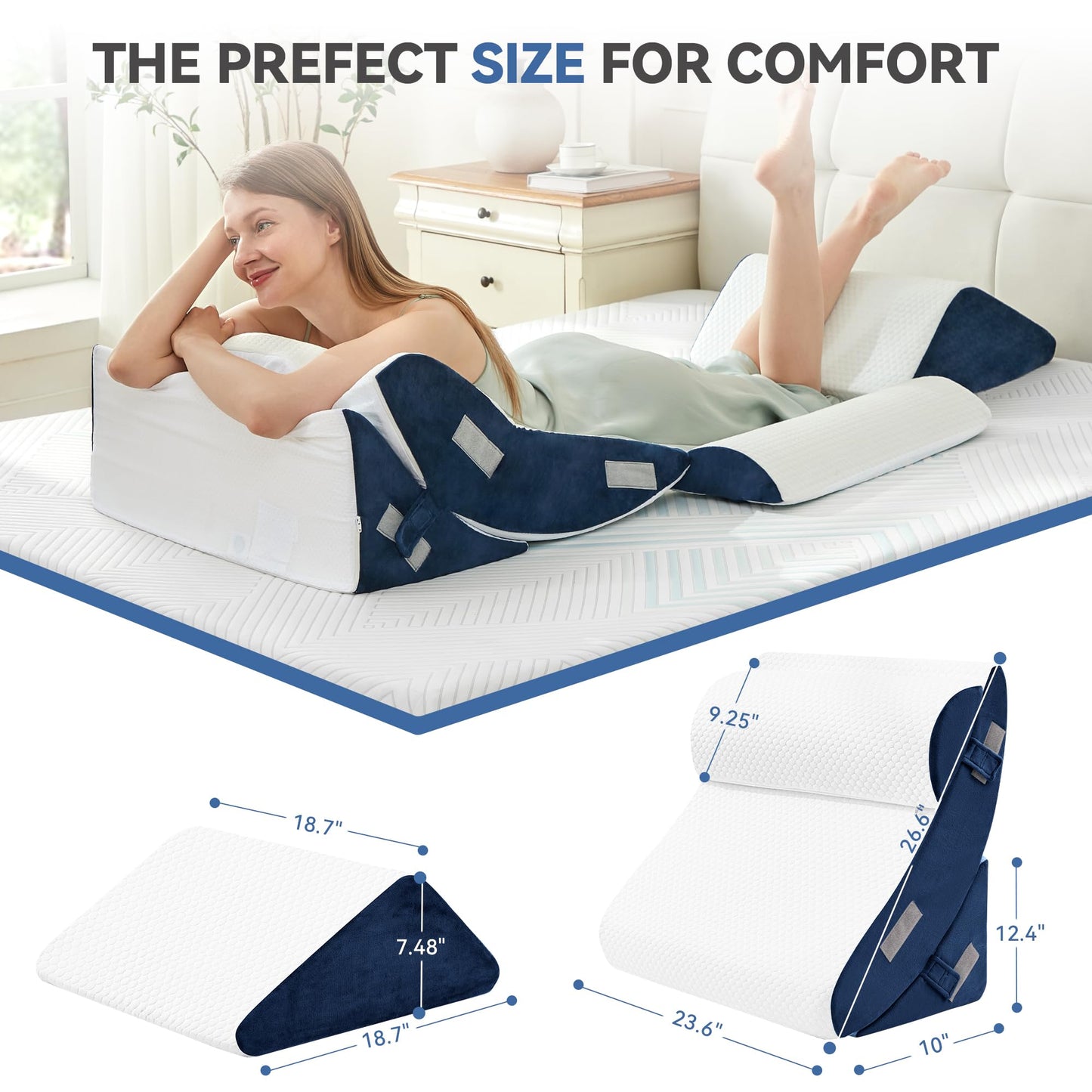 BDEUS 4PCS Bed Wedge Pillow Post Surgery, Orthopedic Sleeping Wedge Pillow Set for Back, Neck and Leg Pain Relief, Acid Reflux, GERD, Memory Foam Support Pillows for After Surgery, Navy