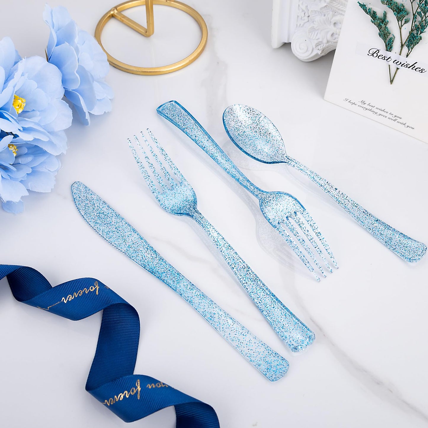 Rubtlamp 180Pcs Blue Glitter Dinnerware Set(30 Guests), Blue Plastic Plate With Gitter Disposable Silverware, Gitter Plate Set Include 30Dinner Platos, 30Dessert Platos, 90Cutlerys, 30Cups for Party