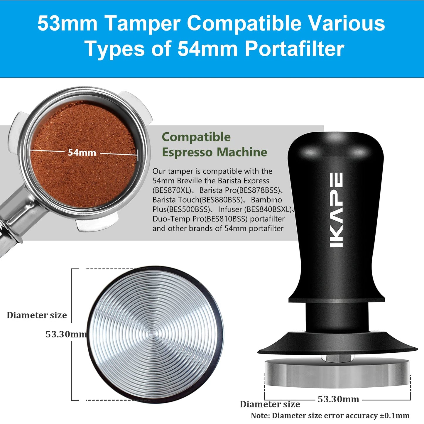 IKAPE 53.3mm Espresso Tamper, Premium Barista Coffee Tamper with Calibrated Spring Loaded, Threaded Stainless Steel Base Tamper Fits for Breville Series 54mm Portafilter Basket
