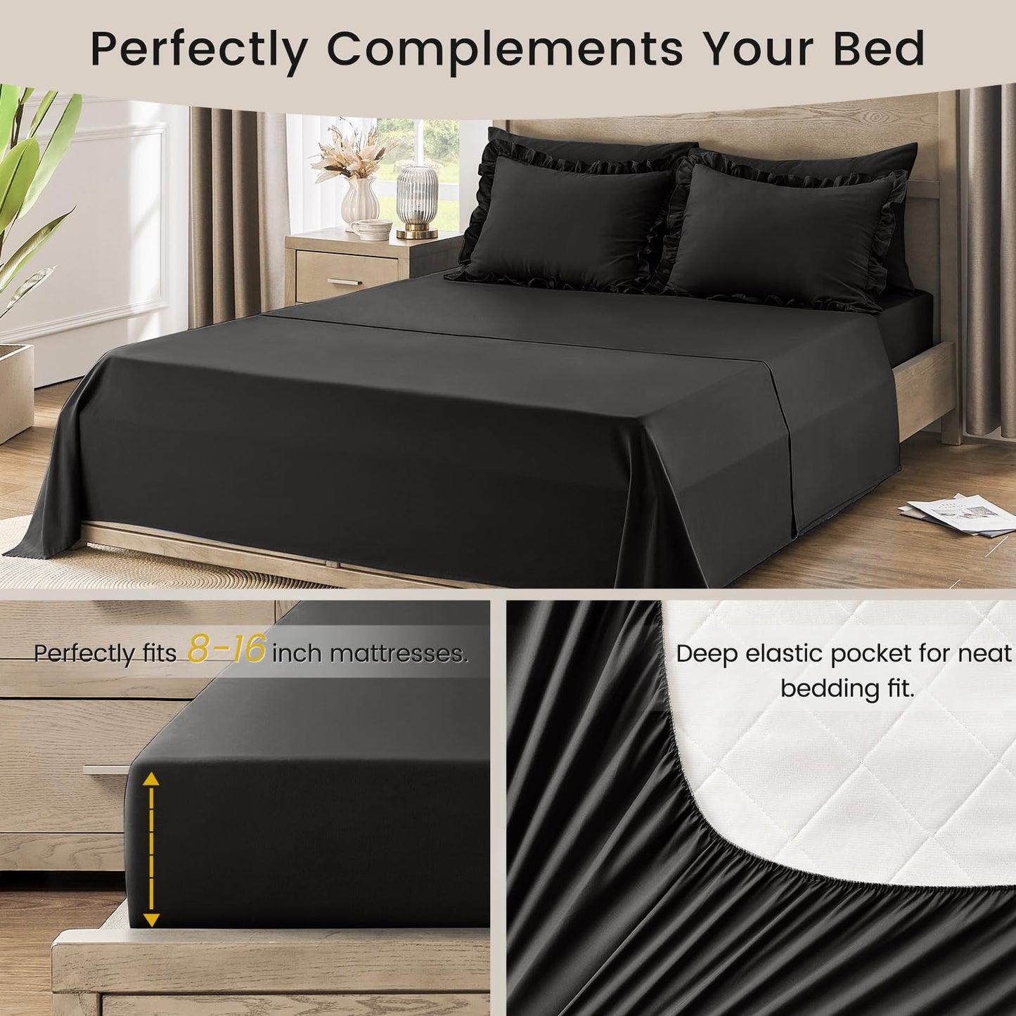 QUIETSEA King Size Bed in a Bag 7 Pieces King Size Comforter Set, Ruffle Shabby Chic Bedding Comforter Set Black Bed Set with Comforter, Pillowcases, Flat Sheet, Fitted Sheet and Pillow Shams