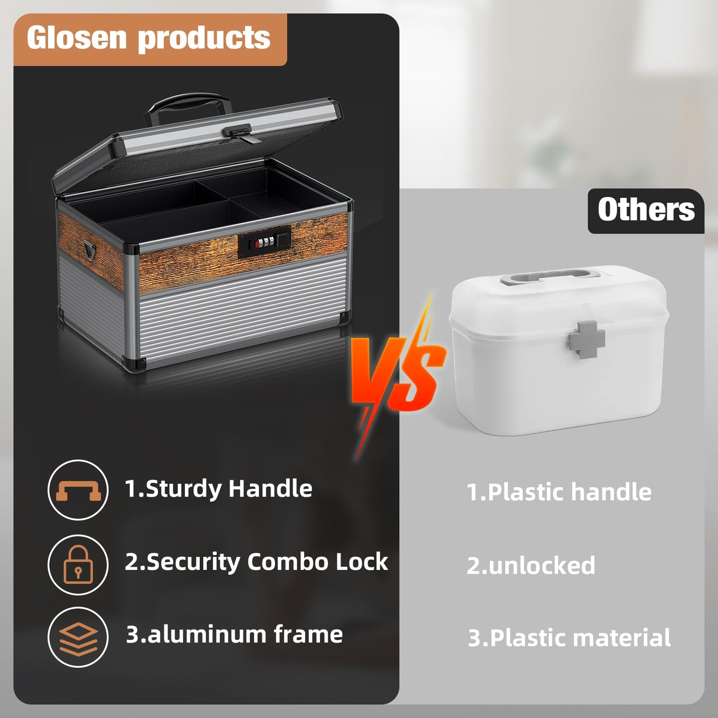 Glosen security lock box with code medicine lock box for Personal Items (Medium size 12inch Black) Lockable Dorm Storage Trunk with code Lock - Briefcase