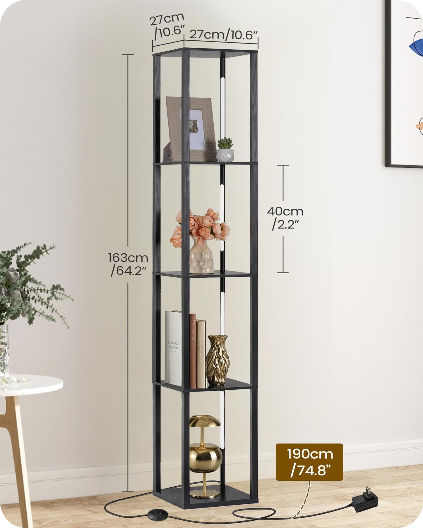 64.2" Display Shelf with Light, Modern Corner Floor Lamp with Shelves, 3000K-6000K LED Dimmable Standing Lamp with Remote for Living Room, Bedroom, Office, Adjustable CCT, Black Square B51LD05