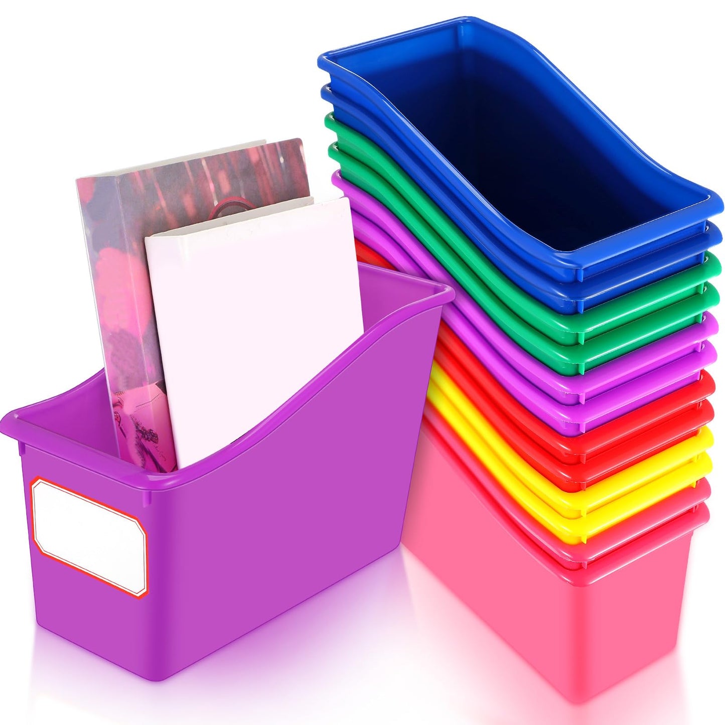 Teling 12 Pcs Book Bins Bulk - Plastic Book Storage Bin with Labels for Classroom Interlocking Magazine Holder Organizer Binder Container Box for School Office Desktop Bookshelf Home (Rainbow Bright)