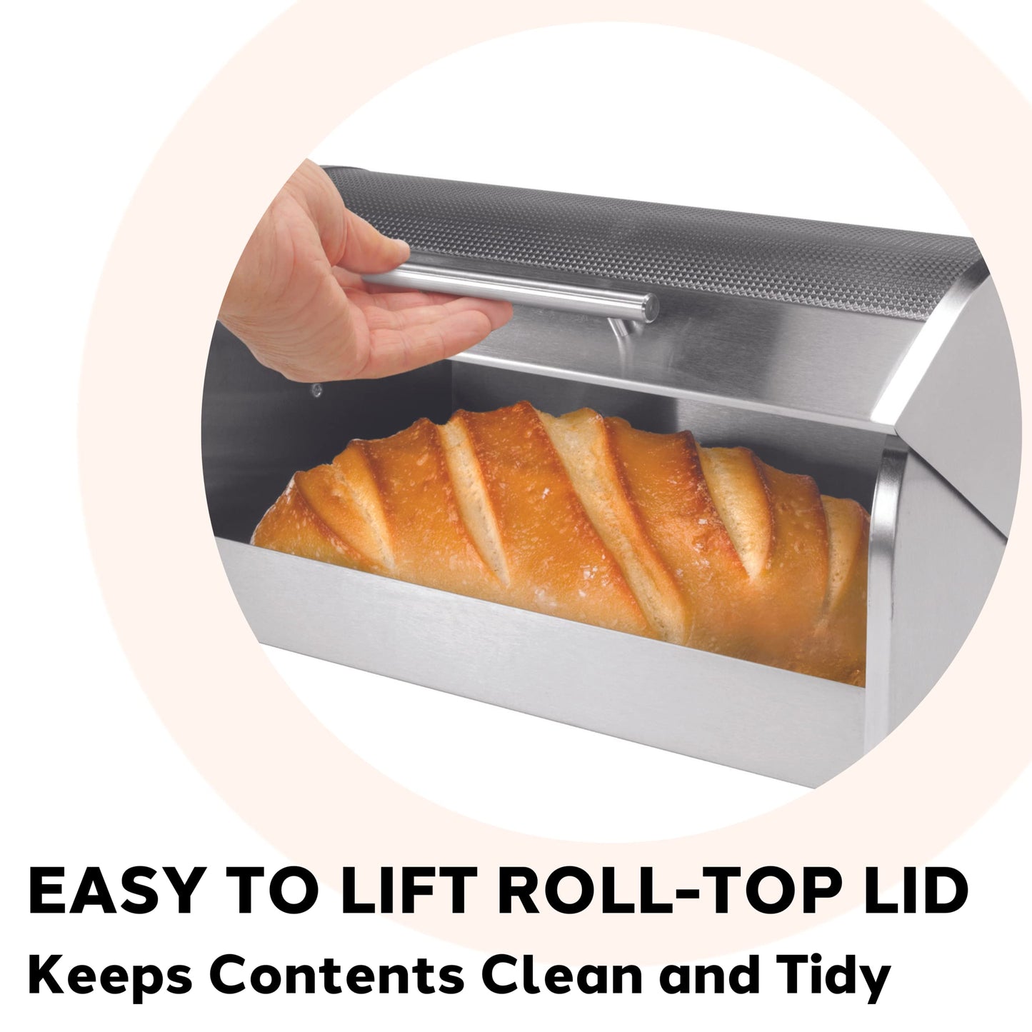 Oggi Stainless Steel Roll Top Bread Box for Kitchen Countertop with Tempered Glass Lid - Fits Multiple Large Loaves of Bread and Other Freshly Baked Goods Including Cookies, Bagels, Muffins