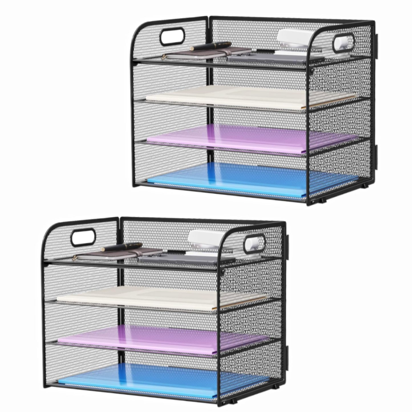 Marbrasse 2 Pack 4 Tier Paper Organizer Letter Tray - Mesh Desk File Organizer with Handle, Paper Sorter Organizer for Letter/A4 Office File Folder Holder (Black, 12.6" x 9.1" x 10.7")