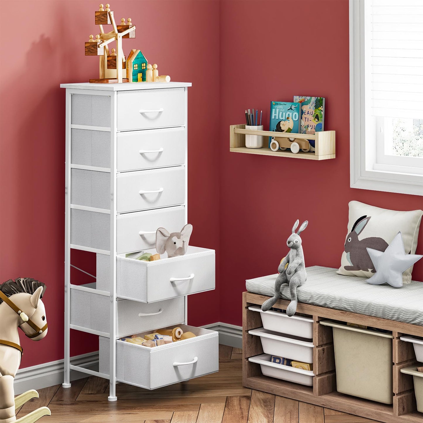 Fixwal Tall Narrow White Dresser for Bedroom, Storage Dresser Organizer with 7 Fabric Drawers, Nightstand Furniture in Closet, Entryway, Hallway
