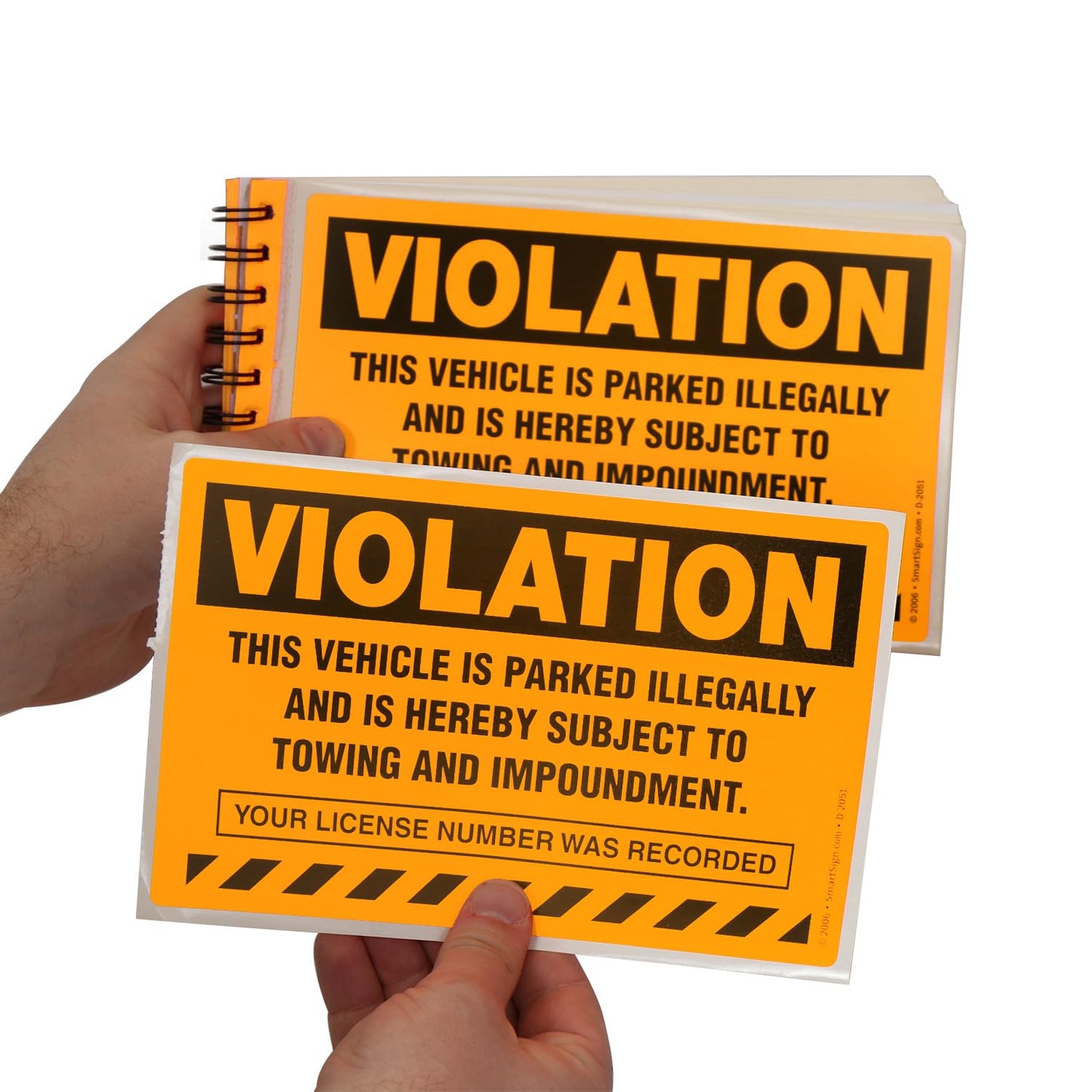 SmartSign Parking Violation Stickers, Book of 50 Stickers, 5" x 8", Vehicle Illegally Parked Subject to Impoundment Sticker, Hard to Remove Write-On Tickets, Fluorescent Orange